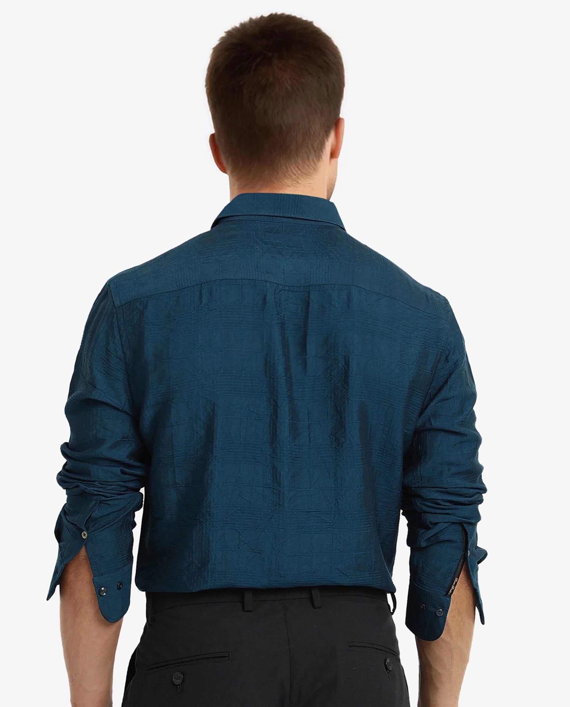 Rare Rabbit Men Vaxon Teal Viscose Nylon Fabric Full Sleeve Regular Fit Self Dobby Check Shirt