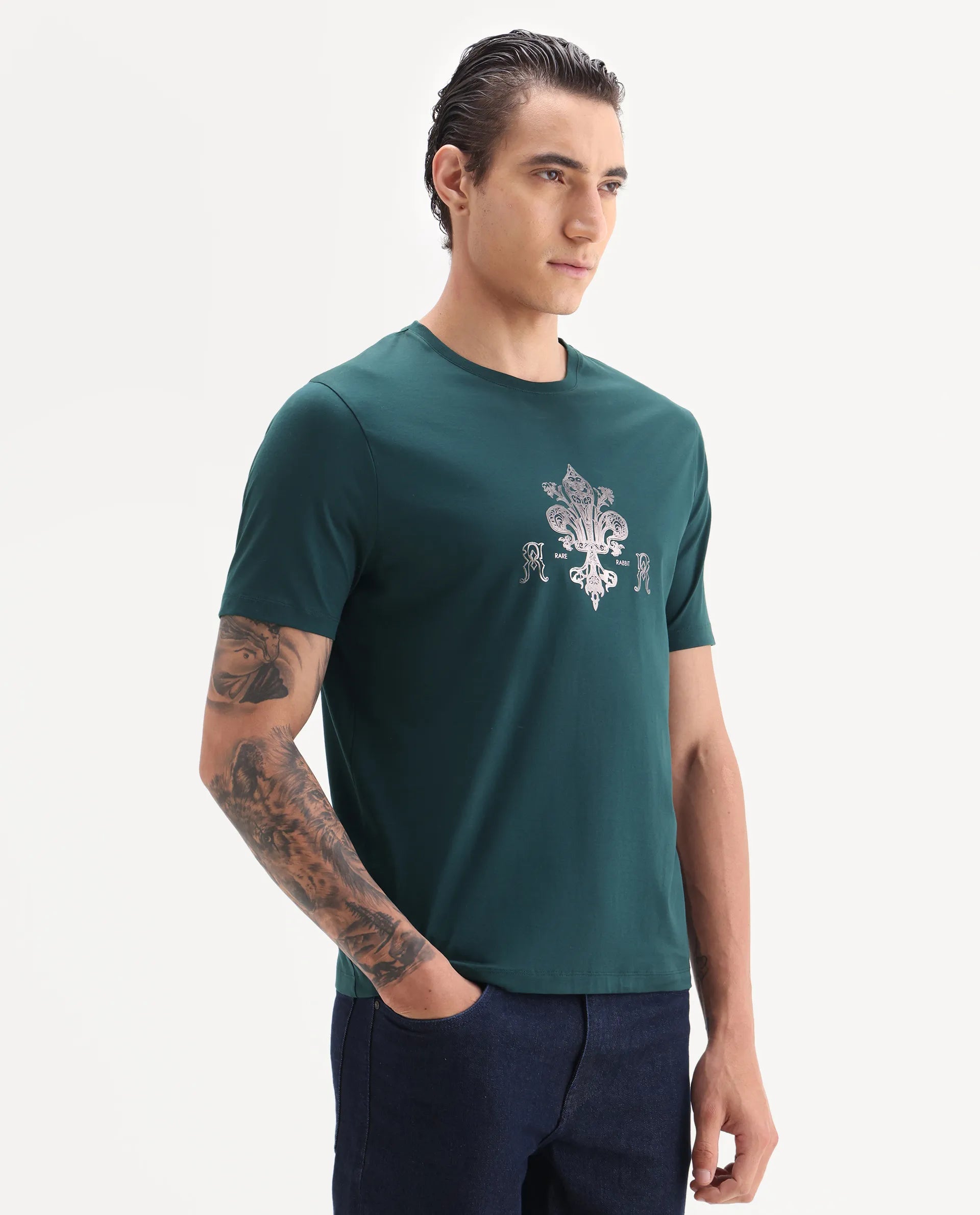 Rare Rabbit Men's Vaz Dark Teal Cotton Blend Graphic Print Regular Fit Half Sleeve Crew Neck T-Shirt