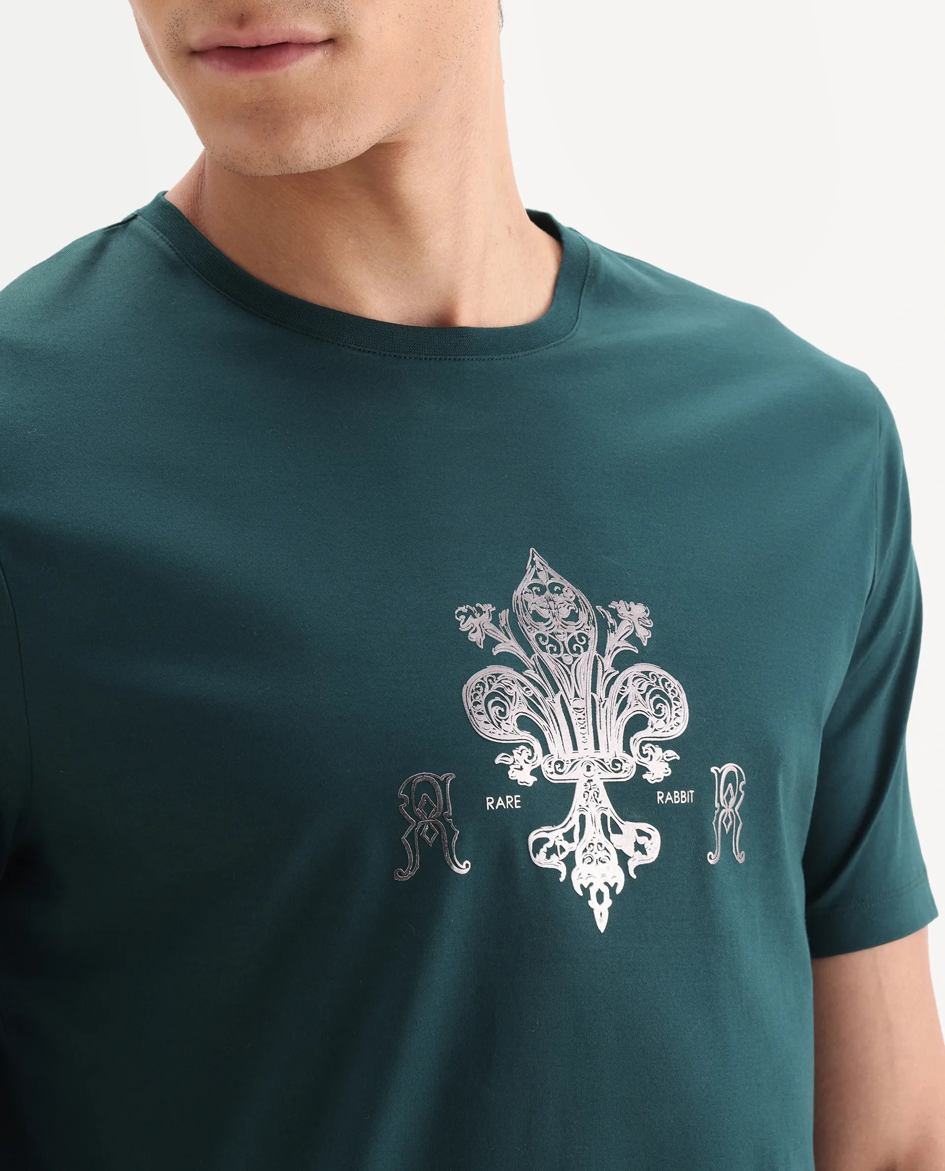 Rare Rabbit Men's Vaz Dark Teal Cotton Blend Graphic Print Regular Fit Half Sleeve Crew Neck T-Shirt