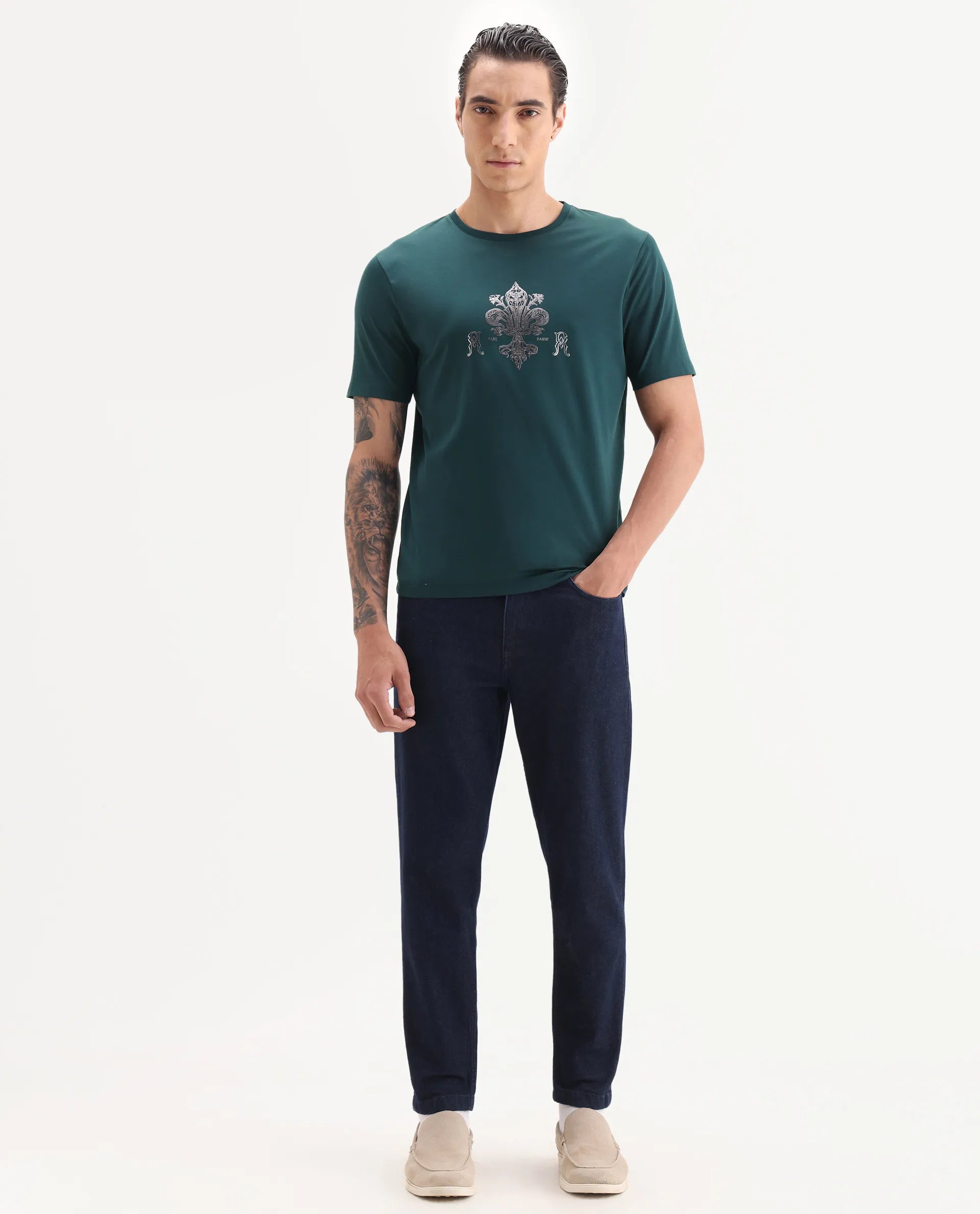 Rare Rabbit Men's Vaz Dark Teal Cotton Blend Graphic Print Regular Fit Half Sleeve Crew Neck T-Shirt