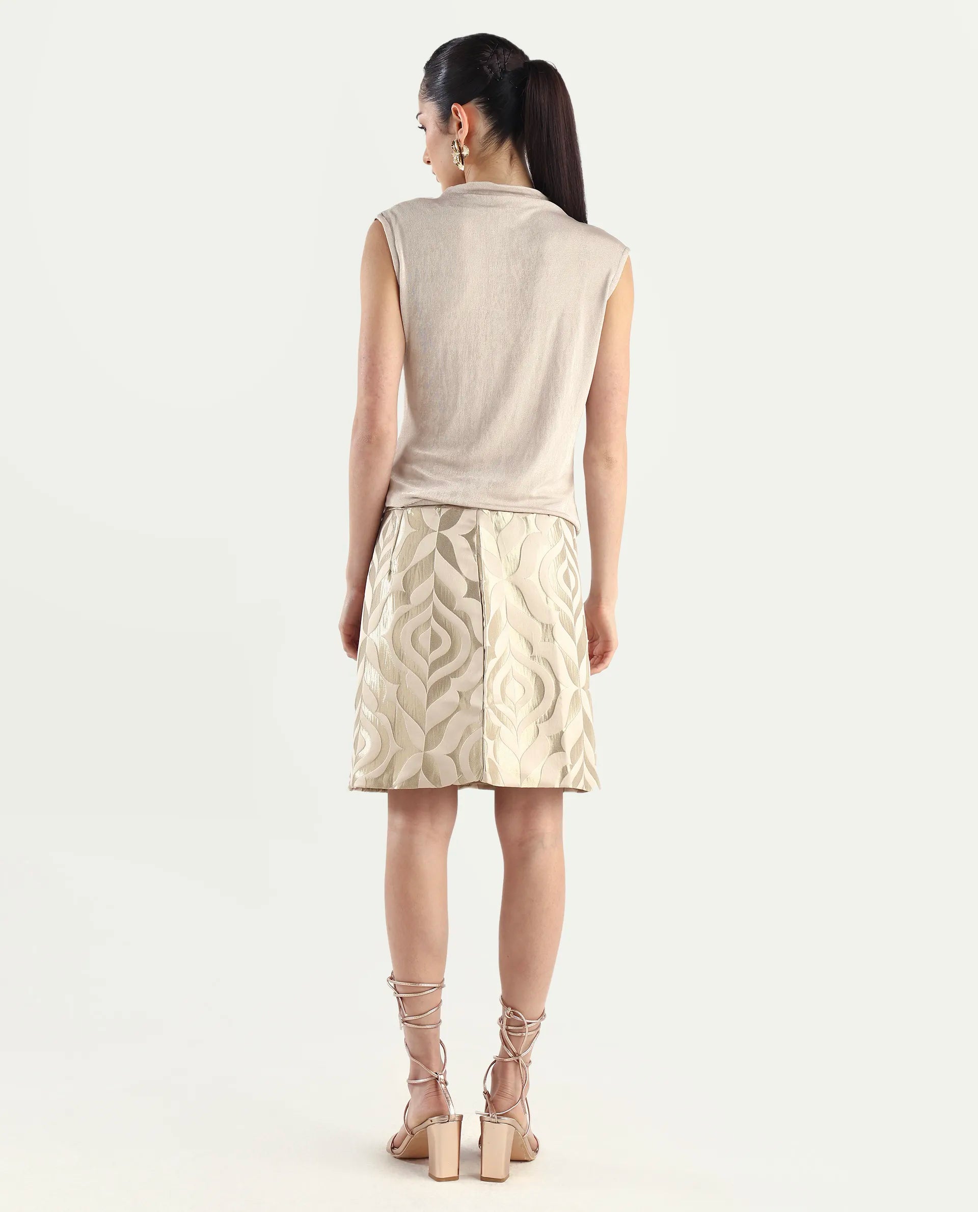 Rareism Women's Vegor B Metallic Gold Polyester Blend Jacquard Mini Regular Fit Skirt