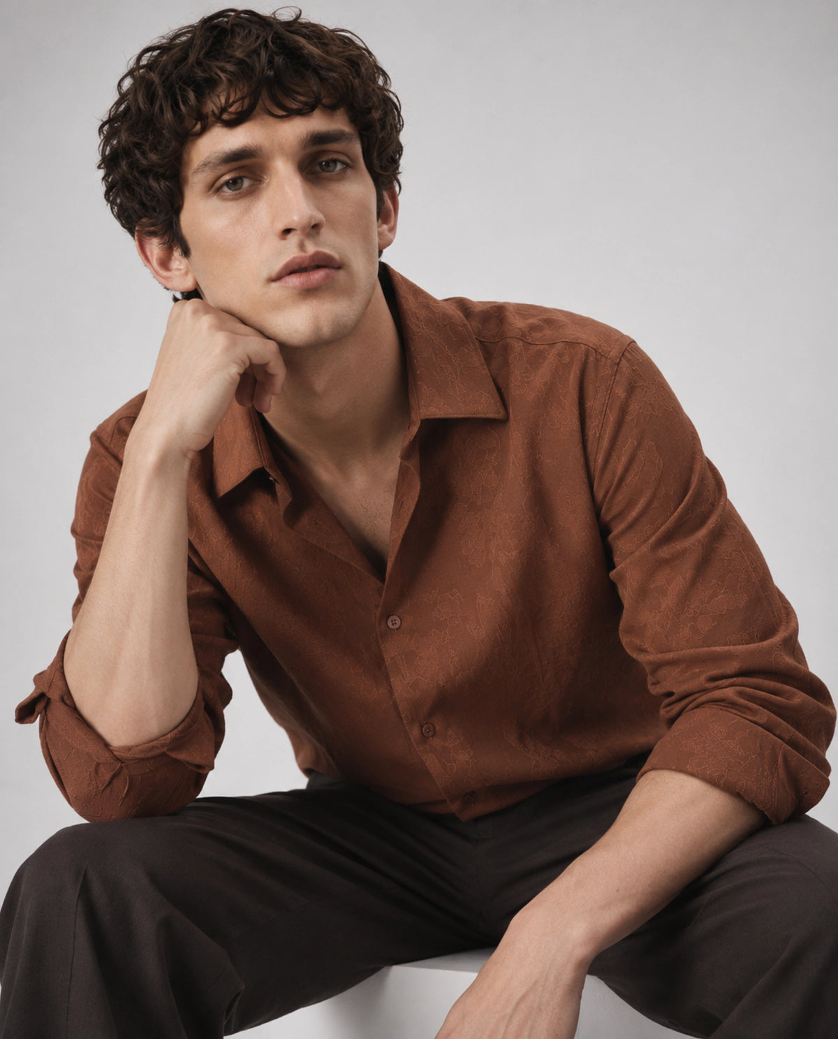 Rare Rabbit Men's Vel Rust Polyester Blend Button Regular Fit Jacquard Shirt