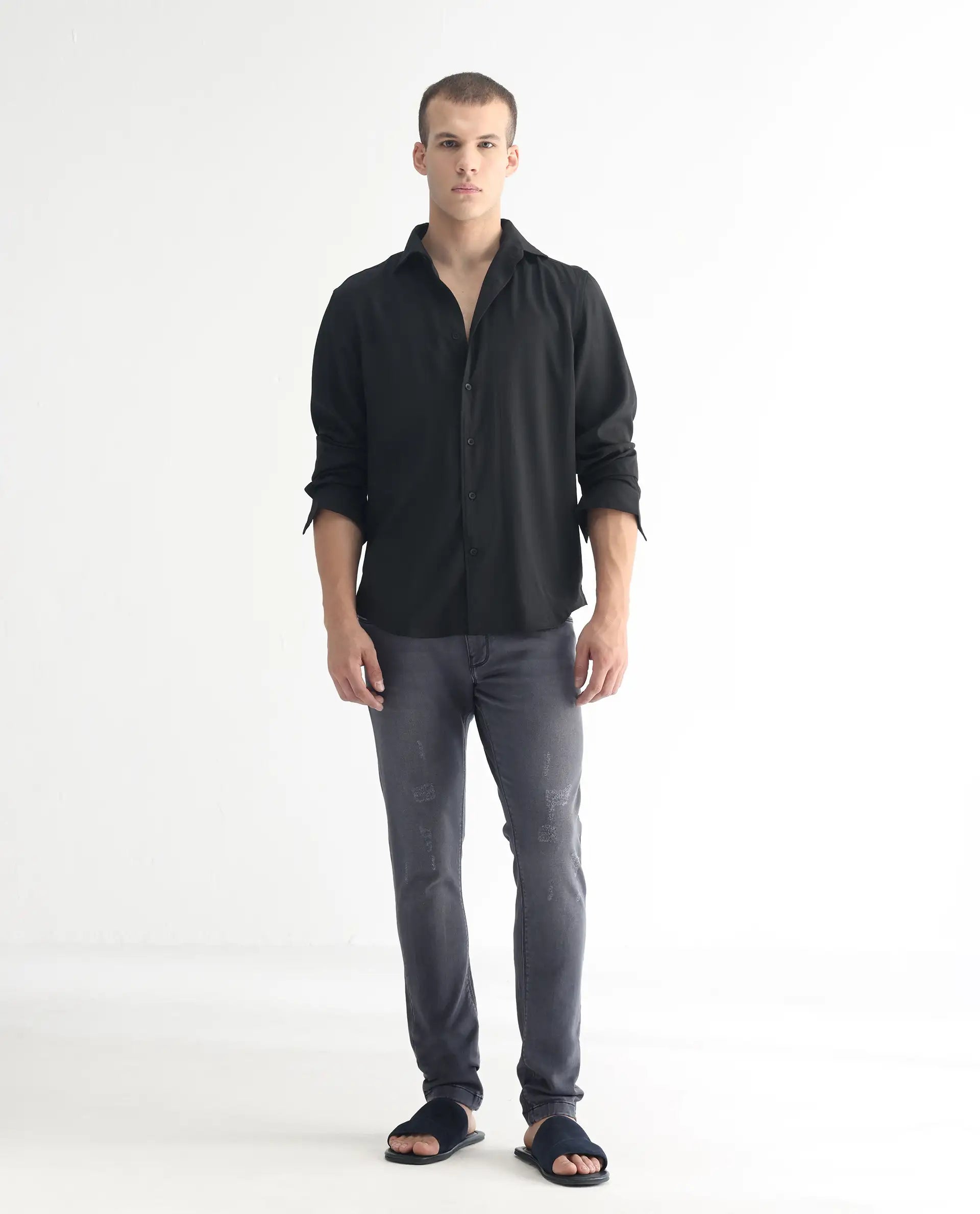 Rare Rabbit Men's Velles Dark Grey Cotton Plain Hawk Slim Fit Jeans