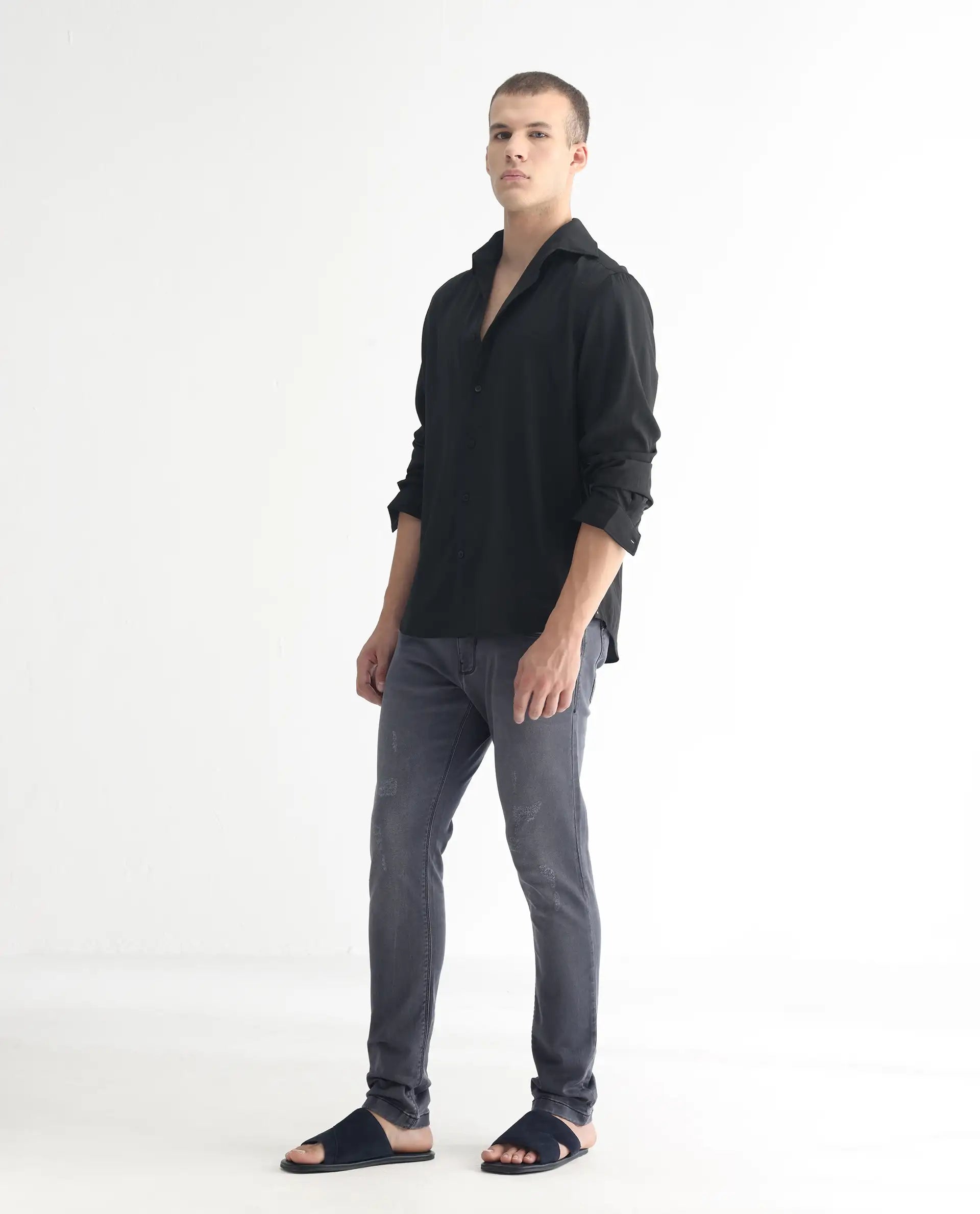 Rare Rabbit Men's Velles Dark Grey Cotton Plain Hawk Slim Fit Jeans