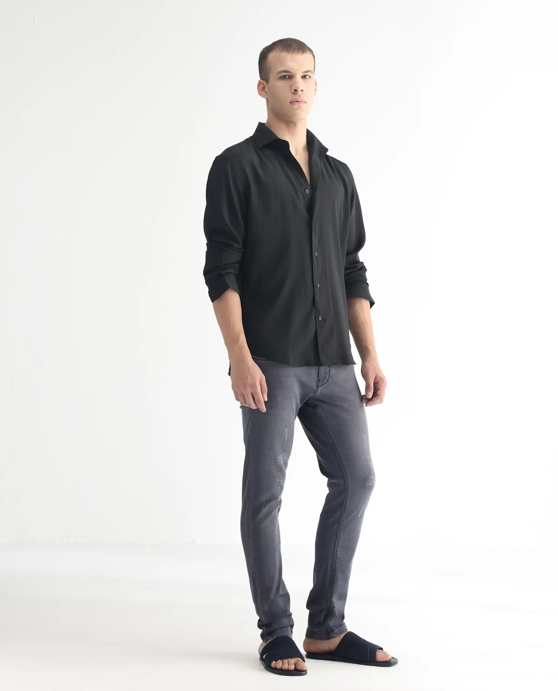 Rare Rabbit Men's Velles Dark Grey Cotton Plain Hawk Slim Fit Jeans