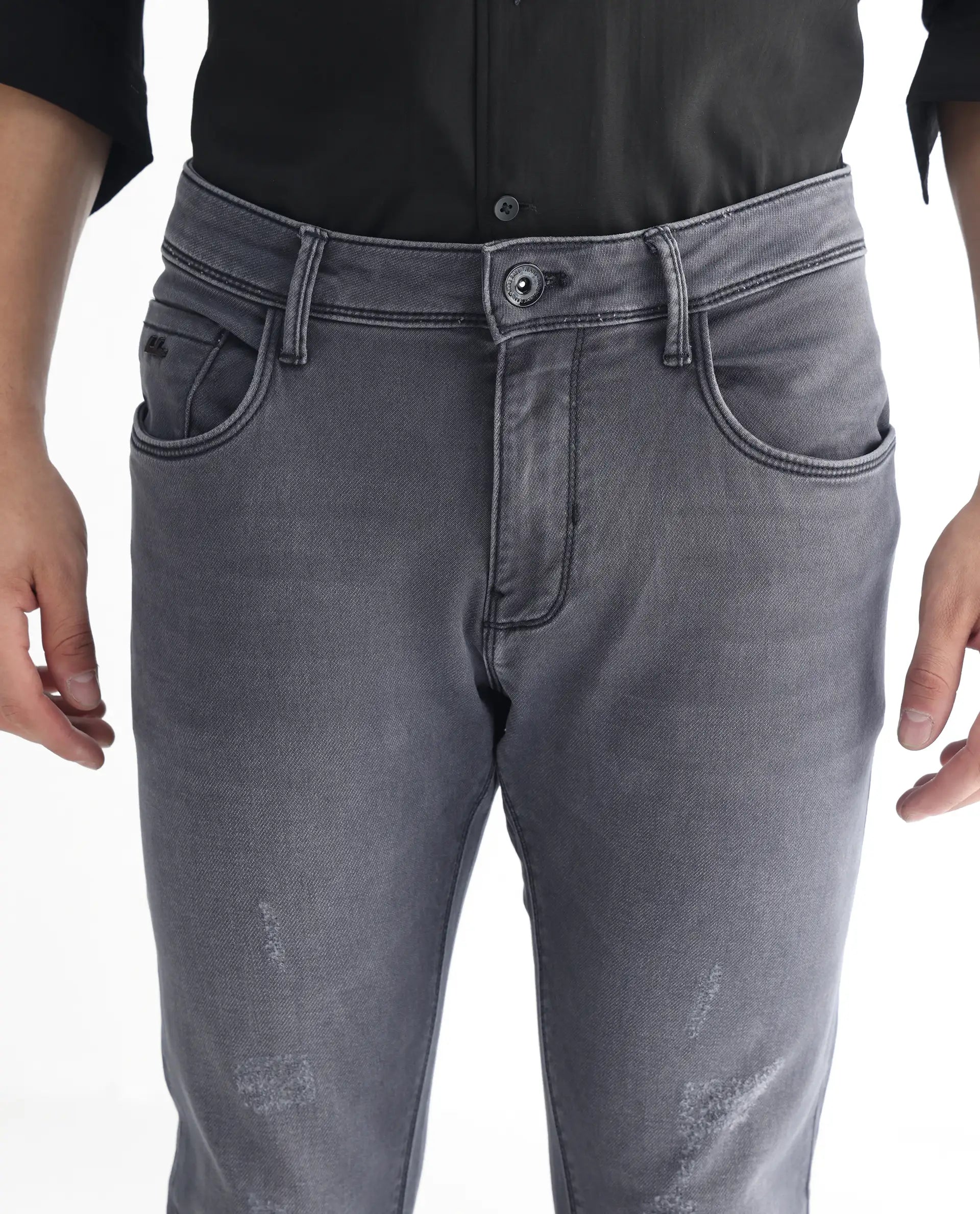 Rare Rabbit Men's Velles Dark Grey Cotton Plain Hawk Slim Fit Jeans