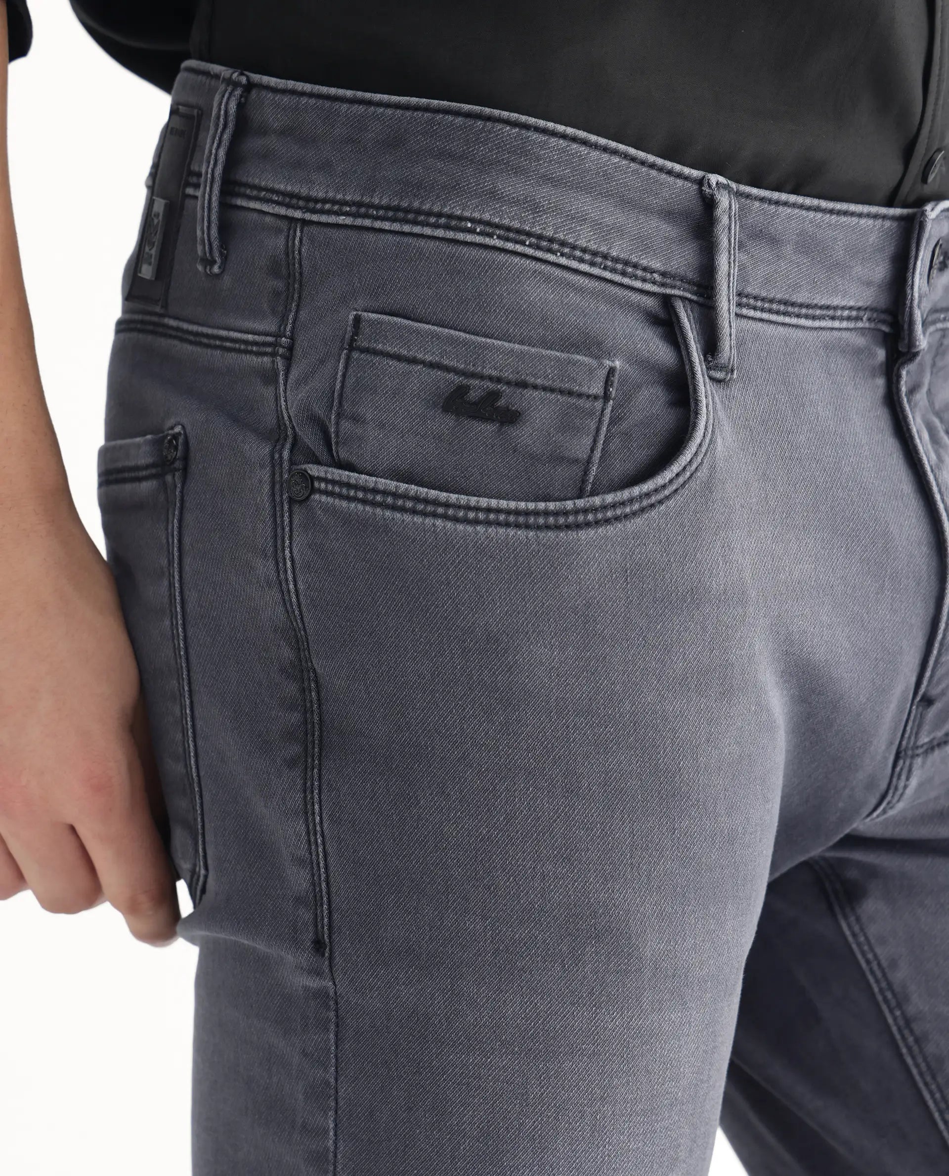 Rare Rabbit Men's Velles Dark Grey Cotton Plain Hawk Slim Fit Jeans