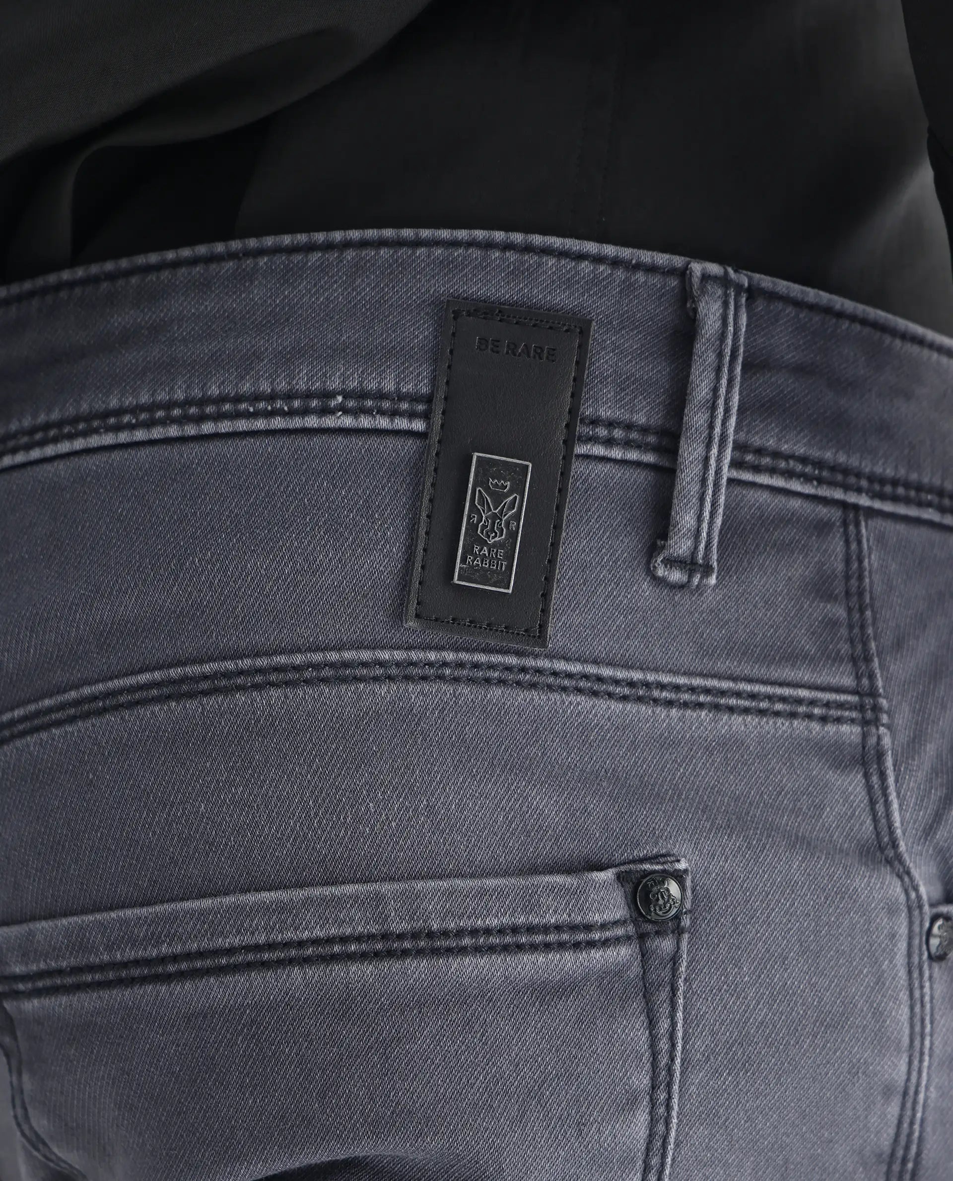 Rare Rabbit Men's Velles Dark Grey Cotton Plain Hawk Slim Fit Jeans