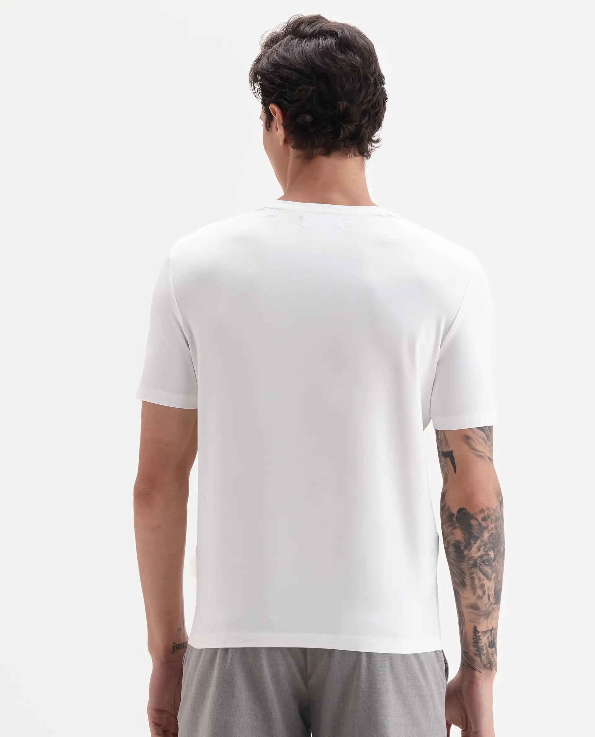 Rare Rabbit Men's Veltra Off White Modal Blend Plain Regular Fit Half Sleeve Crew Neck T-Shirt