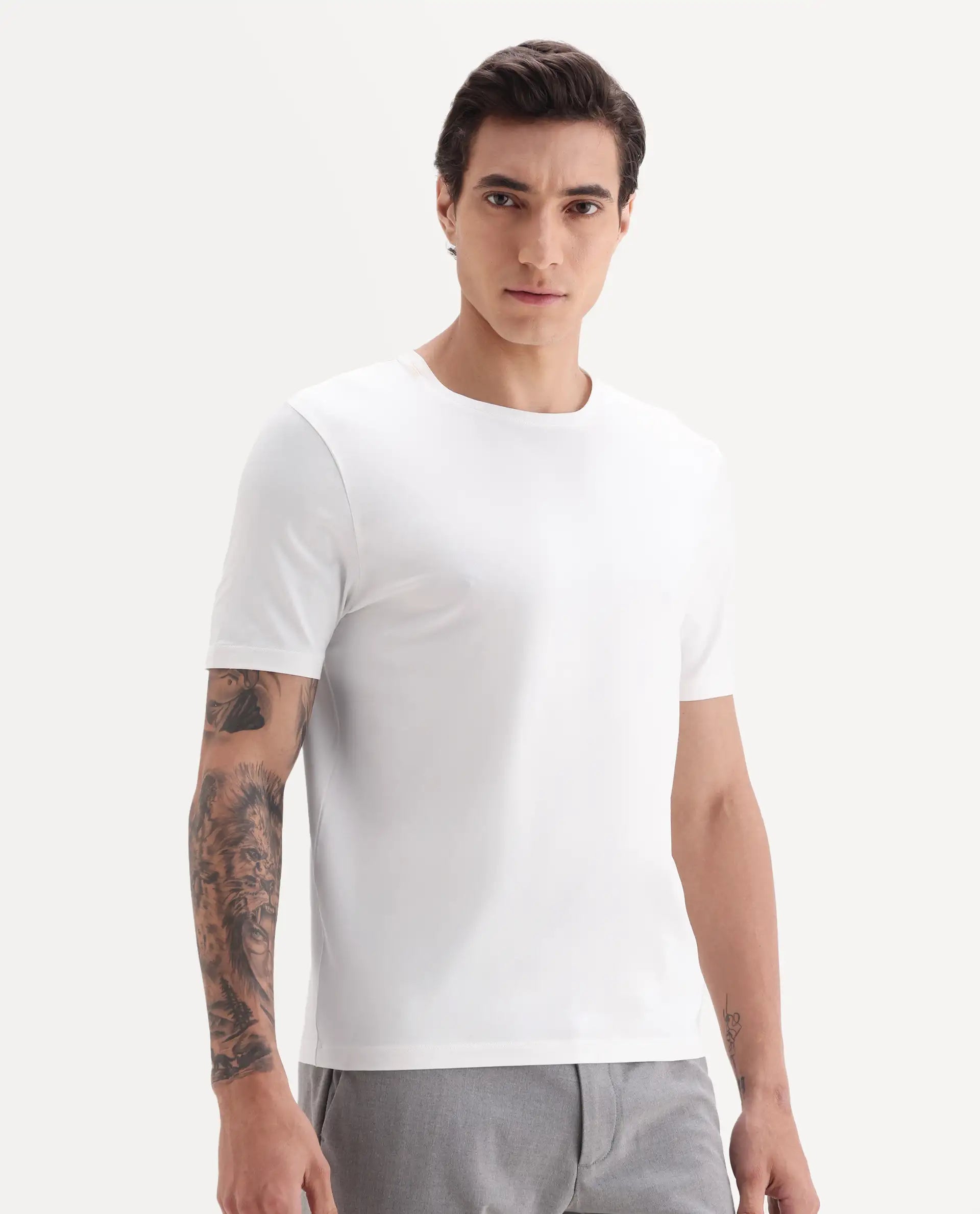 Rare Rabbit Men's Veltra Off White Modal Blend Plain Regular Fit Half Sleeve Crew Neck T-Shirt