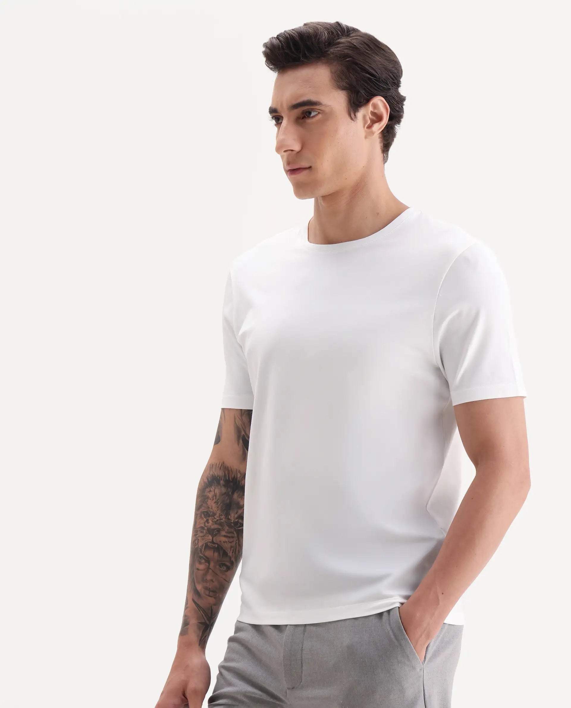 Rare Rabbit Men's Veltra Off White Modal Blend Plain Regular Fit Half Sleeve Crew Neck T-Shirt