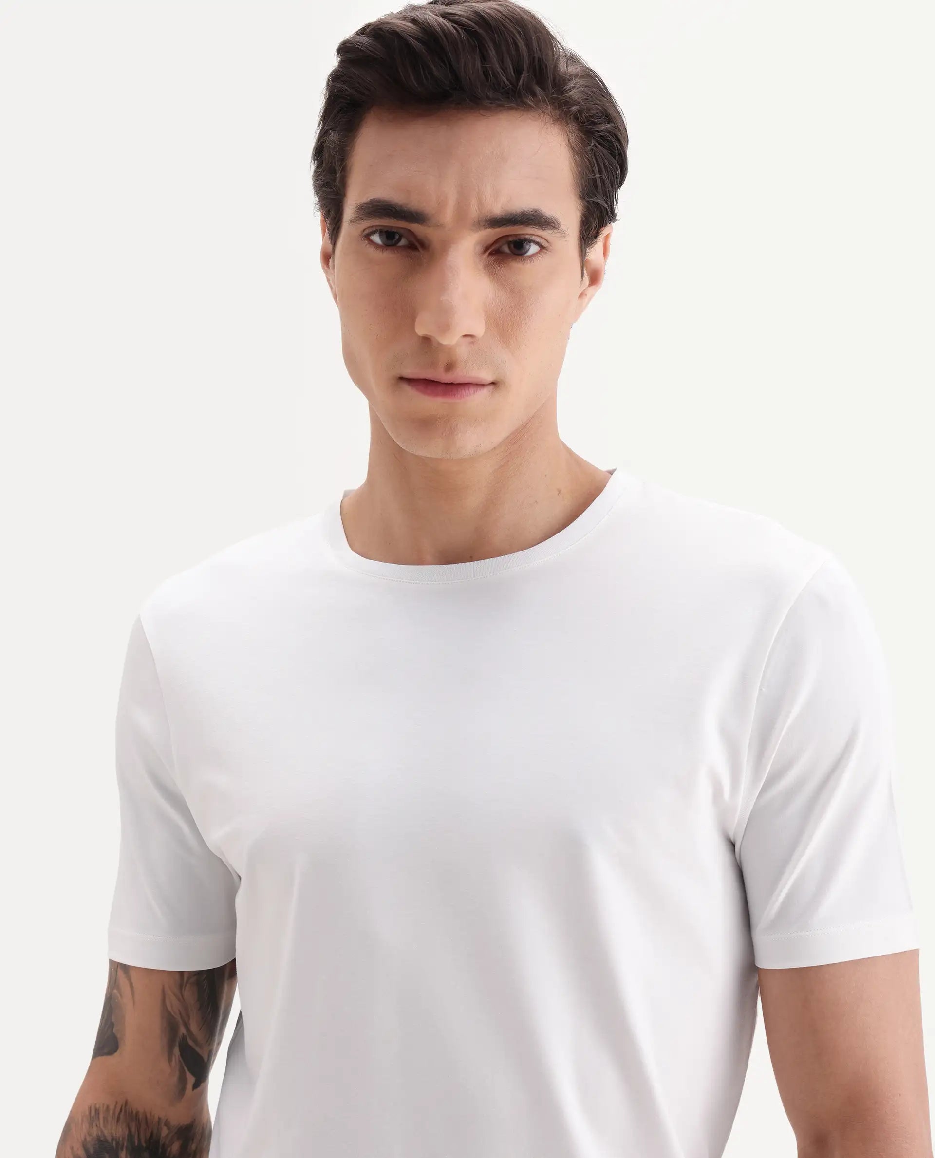 Rare Rabbit Men's Veltra Off White Modal Blend Plain Regular Fit Half Sleeve Crew Neck T-Shirt