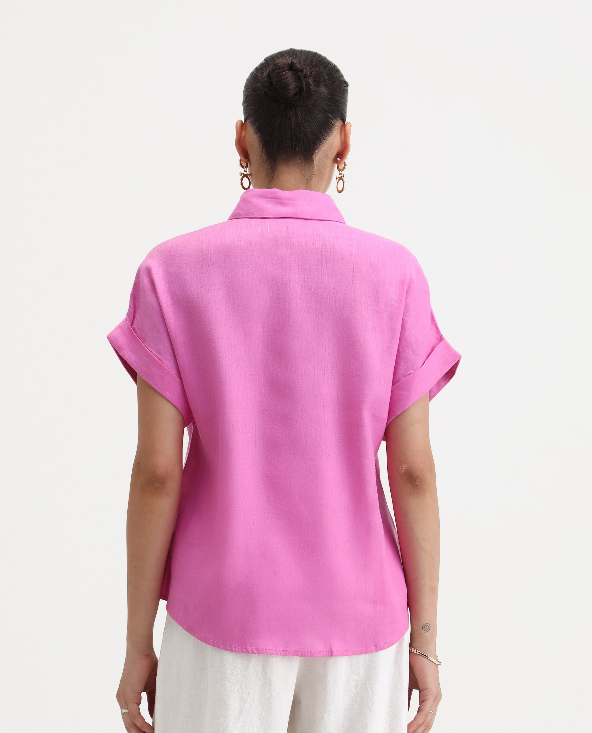 Rareism Women's Venezuela Light Pink Cotton Blend Drop Collar Plain Extended Sleeves Relaxed Fit Shirt