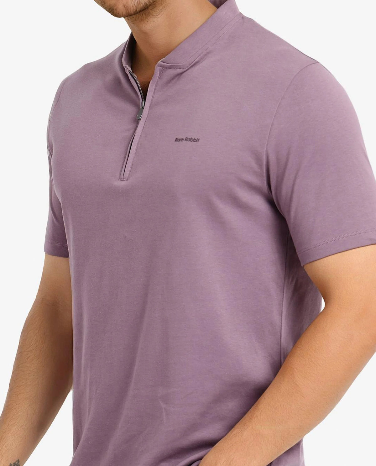 Rare Rabbit Men Veno Dusky Purple Cotton Blend Fabric Short Sleeve Mandarin Collar Plain Polo
