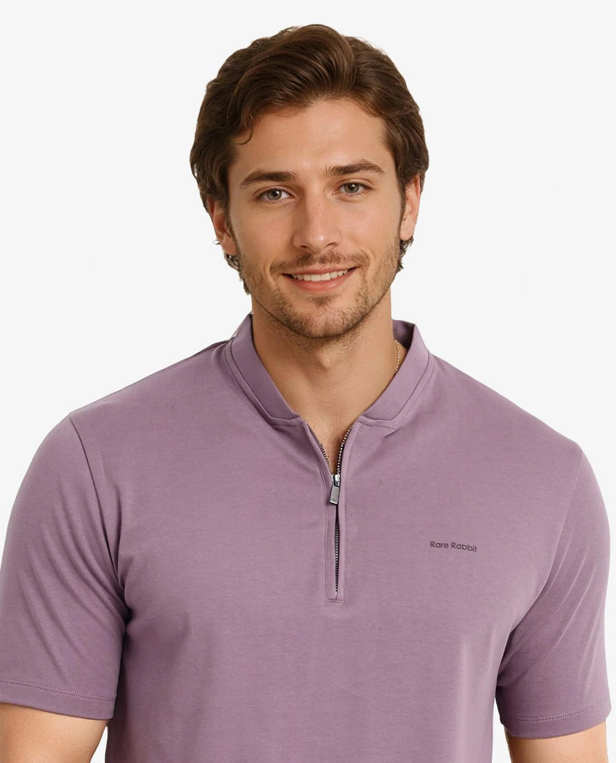Rare Rabbit Men Veno Dusky Purple Cotton Blend Fabric Short Sleeve Mandarin Collar Plain Polo