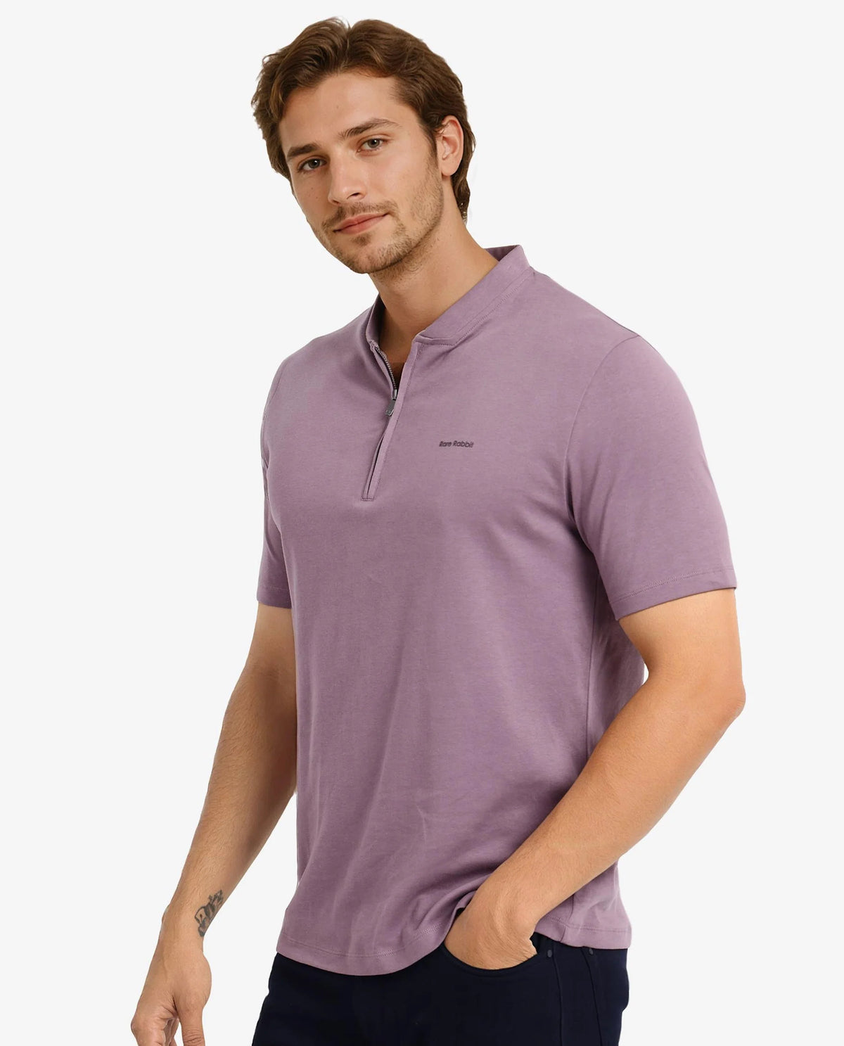 Rare Rabbit Men Veno Dusky Purple Cotton Blend Fabric Short Sleeve Mandarin Collar Plain Polo