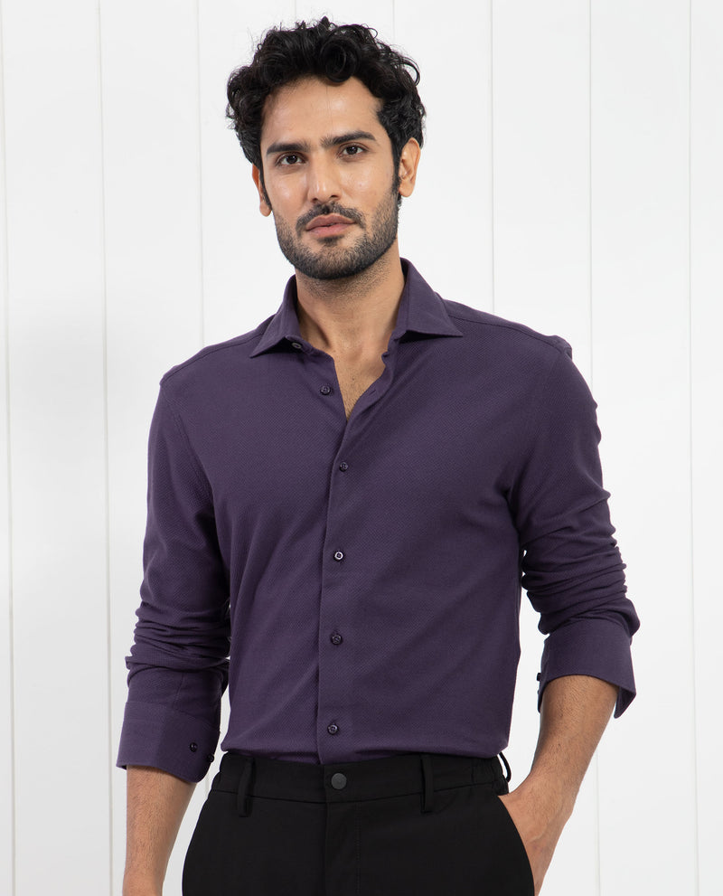 Rare Rabbit Men's Venziya Dark Purple Cotton Fabric Full Sleeves Solid Knitted Shirt