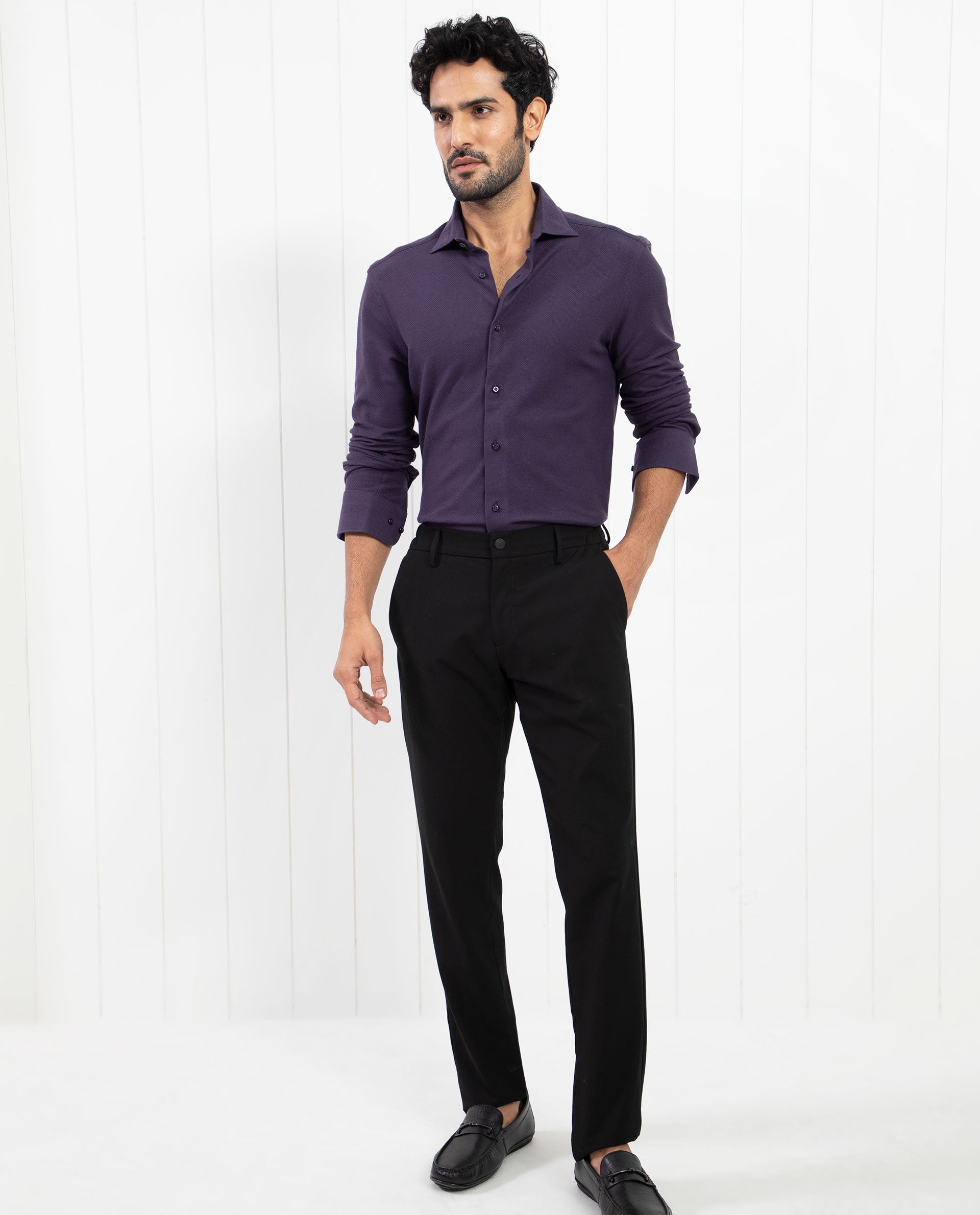 Rare Rabbit Men's Venziya Dark Purple Cotton Fabric Full Sleeves Solid Knitted Shirt