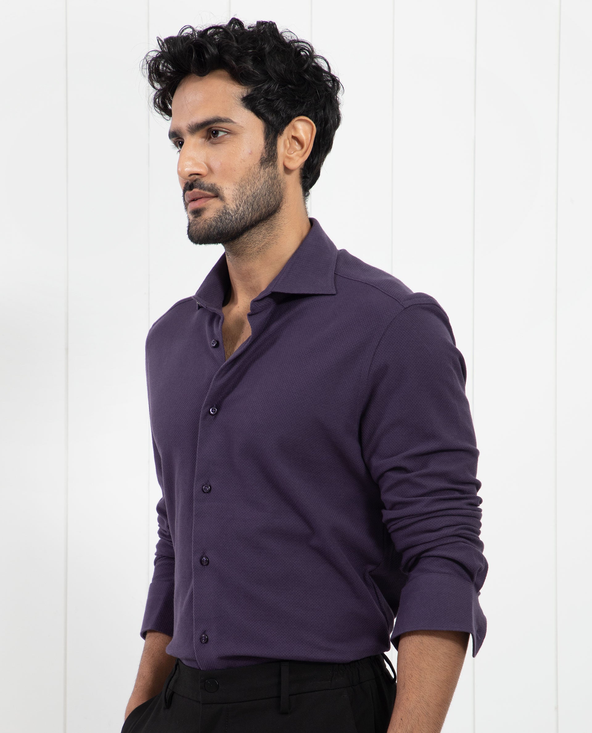 Rare Rabbit Men's Venziya Dark Purple Cotton Plain Regular Fit Full Sleeve Collared Shirt