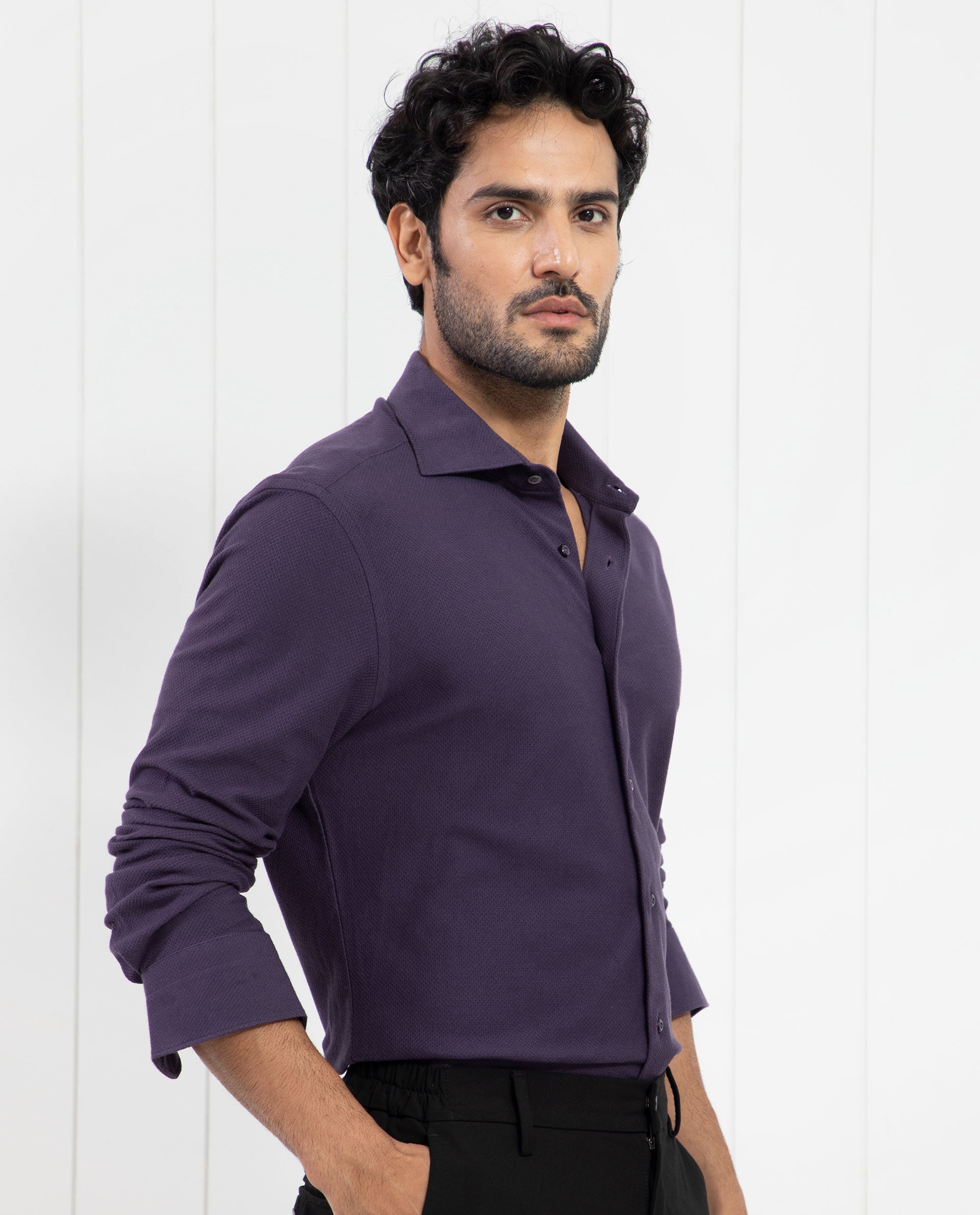 Rare Rabbit Men's Venziya Dark Purple Cotton Fabric Full Sleeves Solid Knitted Shirt