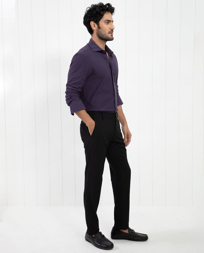 Rare Rabbit Men's Venziya Dark Purple Cotton Fabric Full Sleeves Solid Knitted Shirt