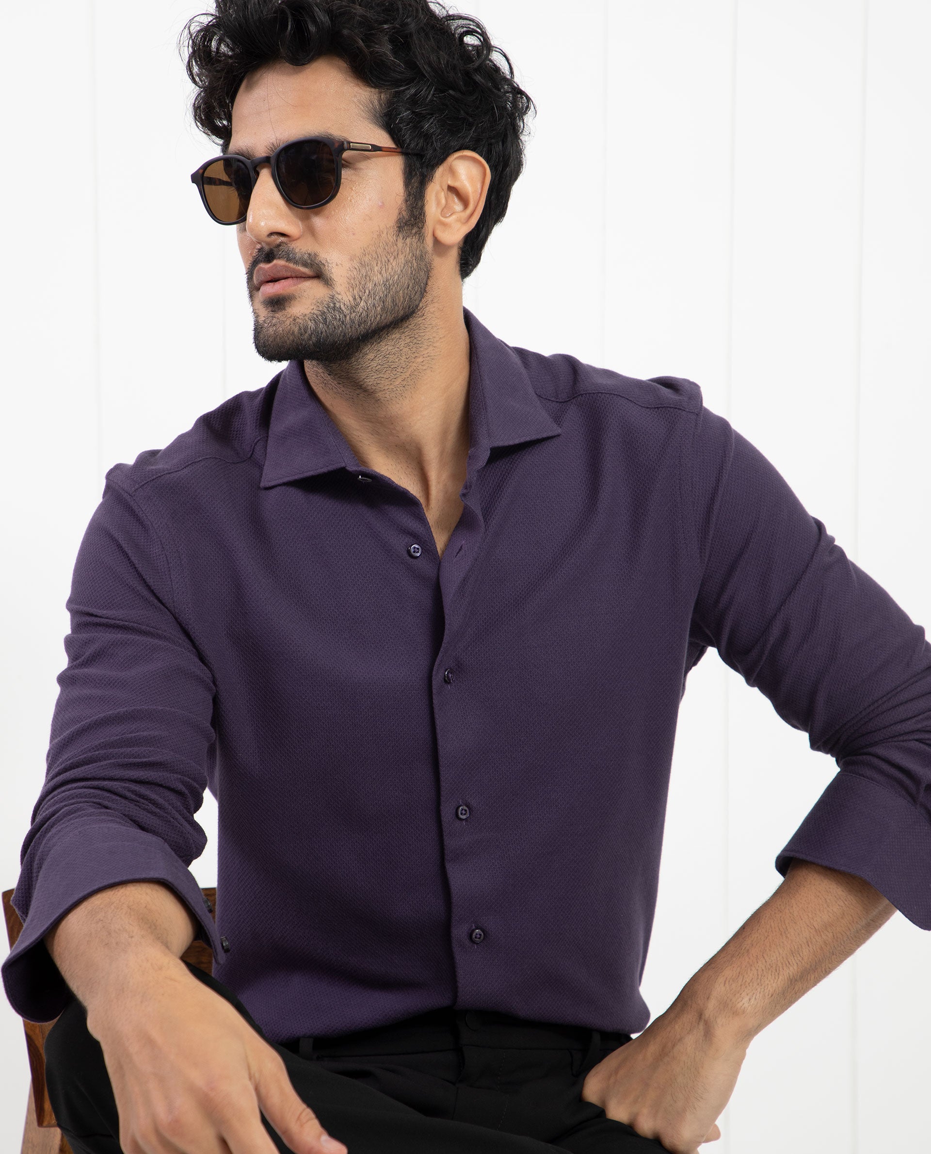 Rare Rabbit Men's Venziya Dark Purple Cotton Fabric Full Sleeves Solid Knitted Shirt