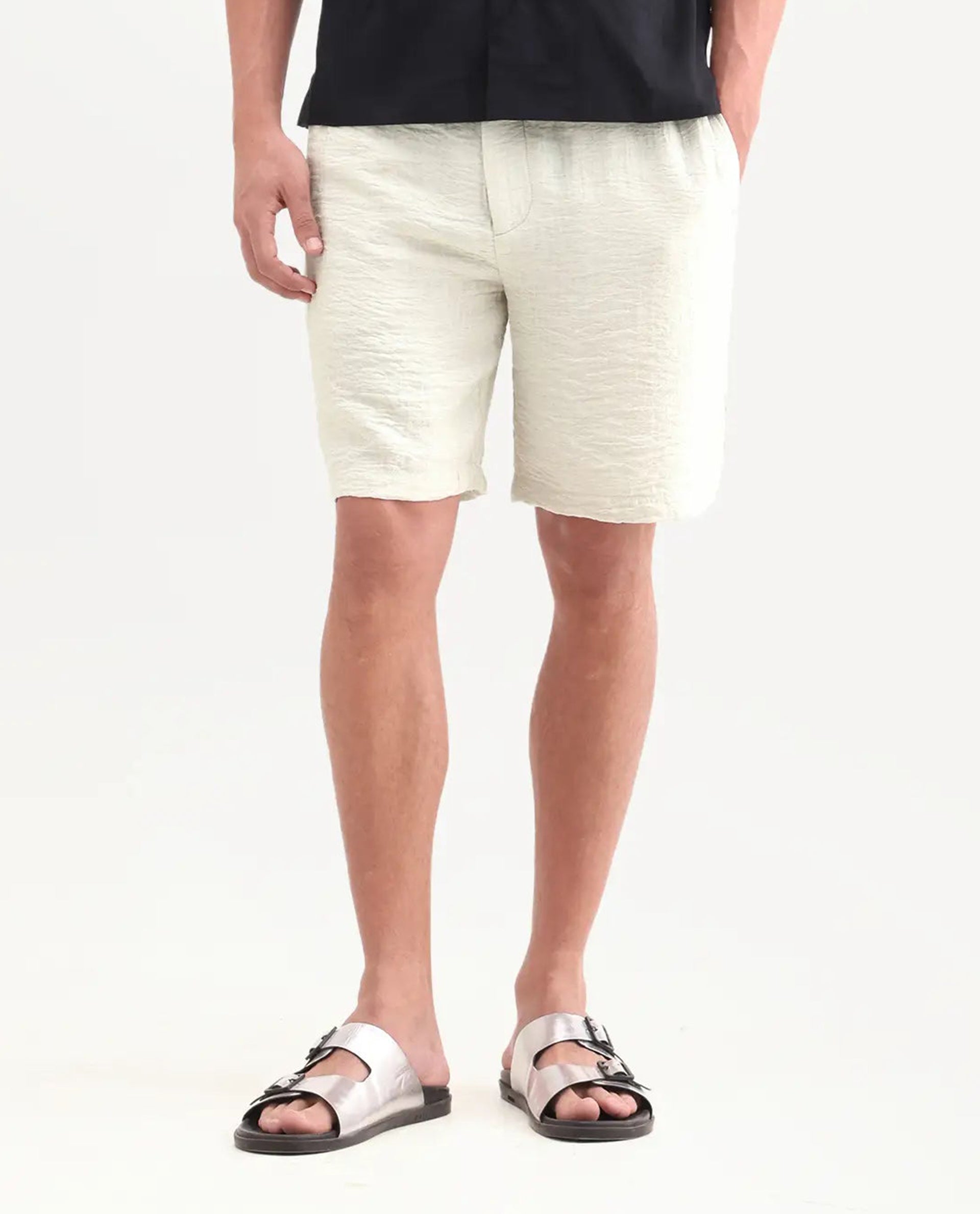 Rare Rabbit Men's Veon-St Off White Viscose Blend Fabric Relaxed Fit Plain Shorts