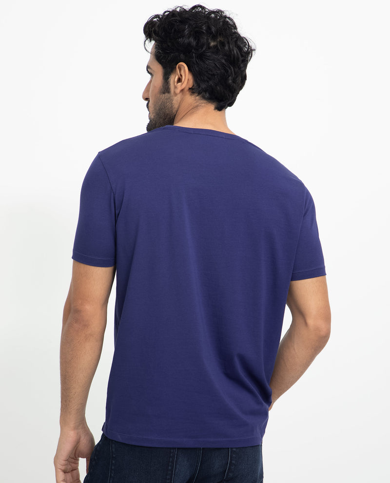 Rare Rabbit Men's Viras Blue Cotton Lycra Fabric Crew Neck Half Sleeves Regular Fit Graphic Print Branding T-Shirt