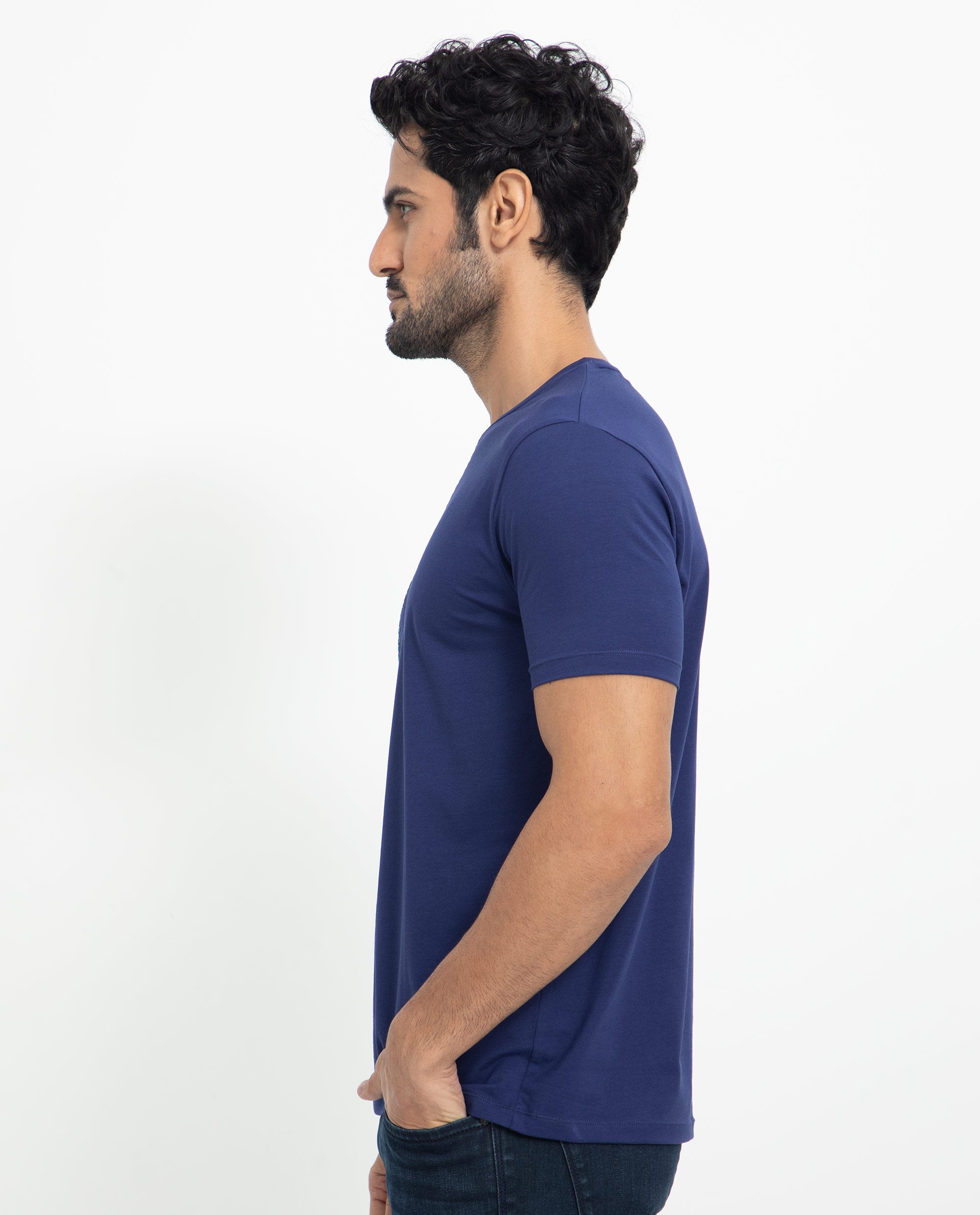 Rare Rabbit Men's Viras Blue Cotton Lycra Fabric Crew Neck Half Sleeves Regular Fit Graphic Print Branding T-Shirt