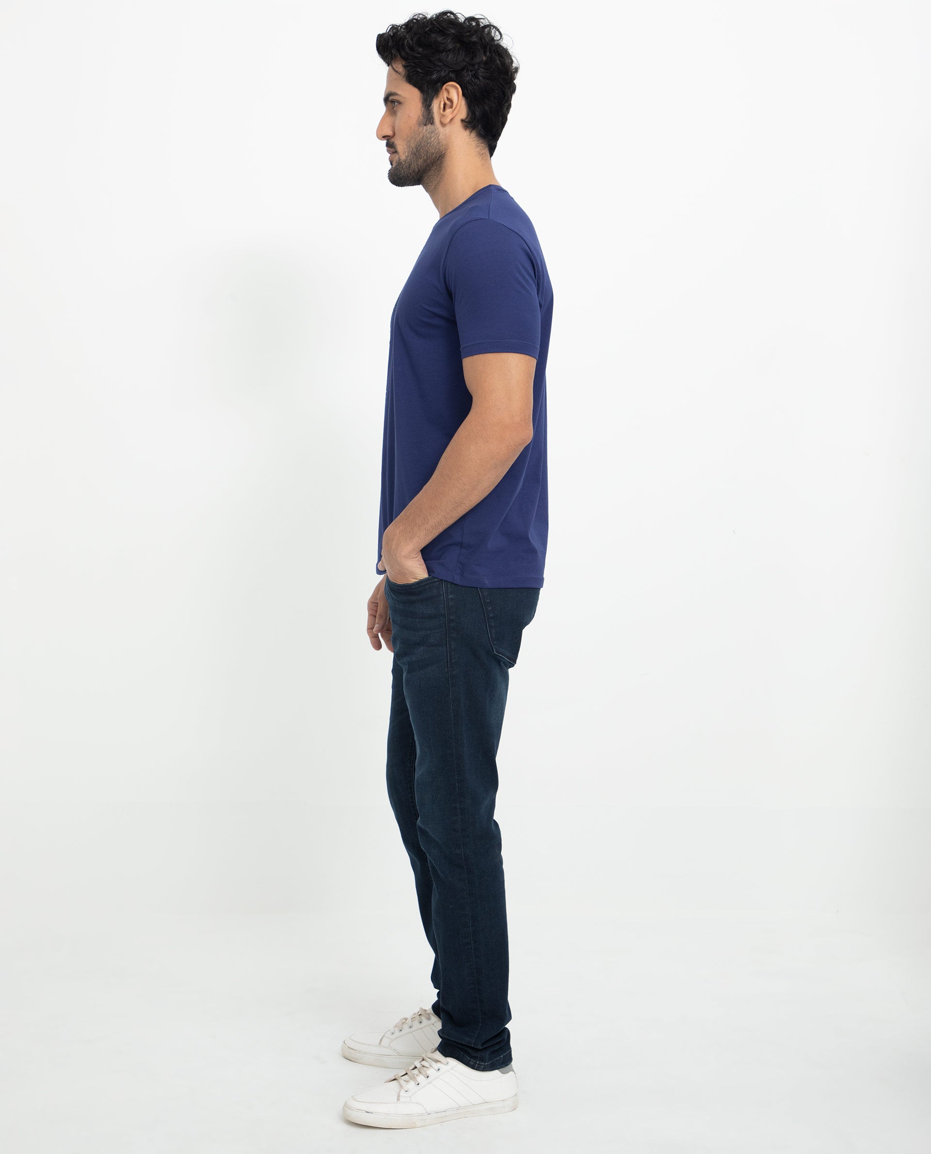 Rare Rabbit Men's Viras Blue Cotton Lycra Fabric Crew Neck Half Sleeves Regular Fit Graphic Print Branding T-Shirt