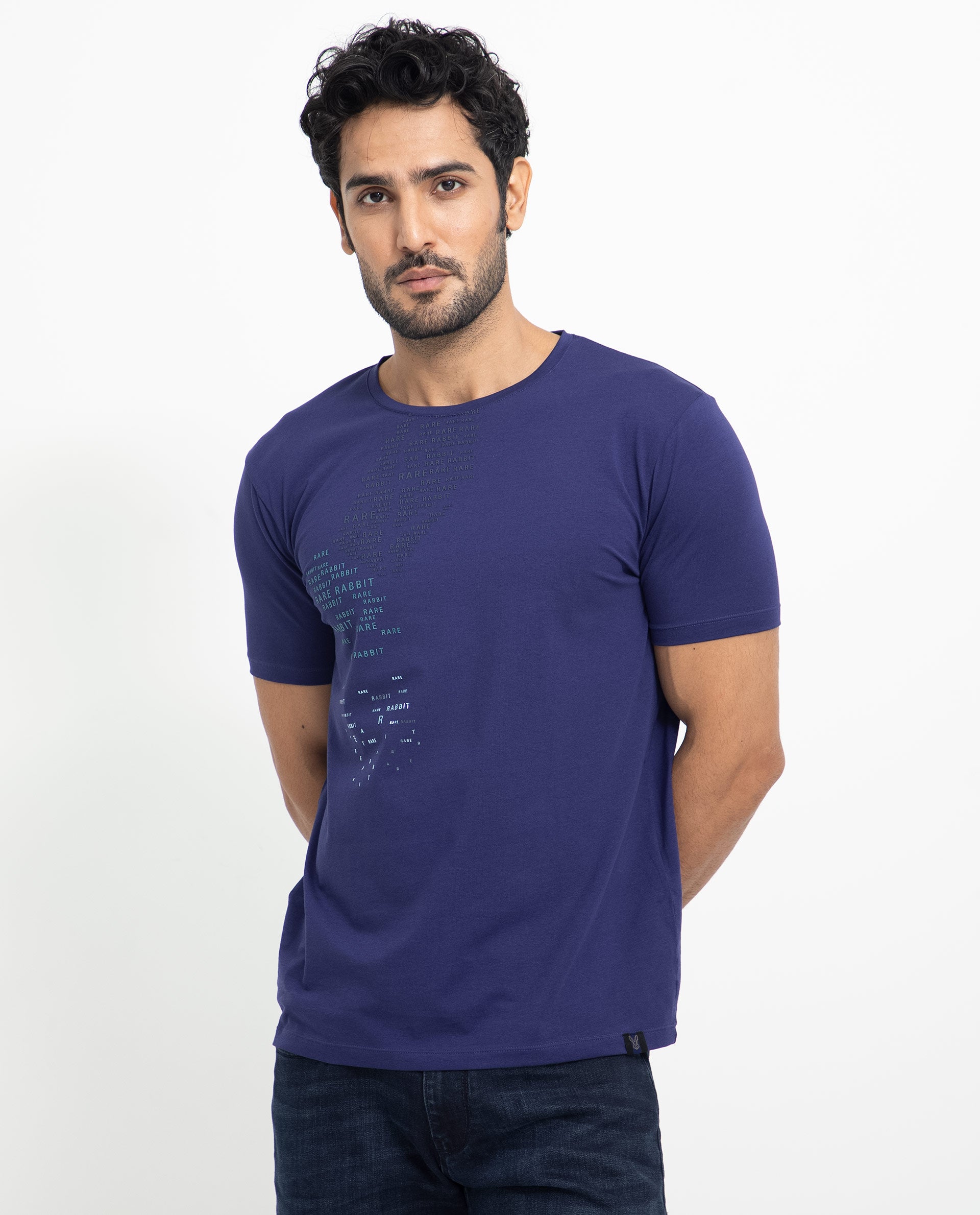 Rare Rabbit Men's Viras Blue Cotton Lycra Fabric Crew Neck Half Sleeves Regular Fit Graphic Print Branding T-Shirt