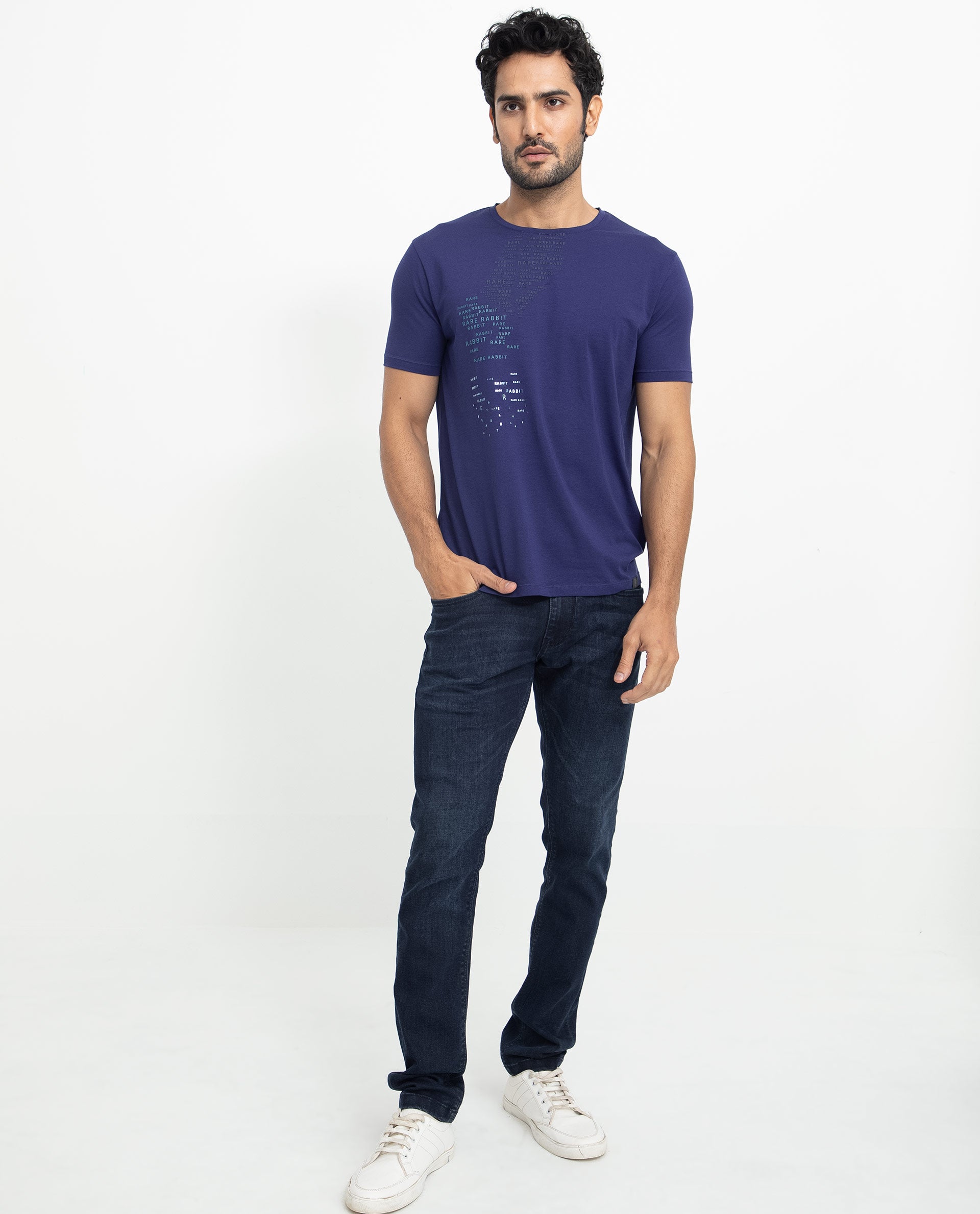 Rare Rabbit Men's Viras Blue Cotton Lycra Fabric Crew Neck Half Sleeves Regular Fit Graphic Print Branding T-Shirt