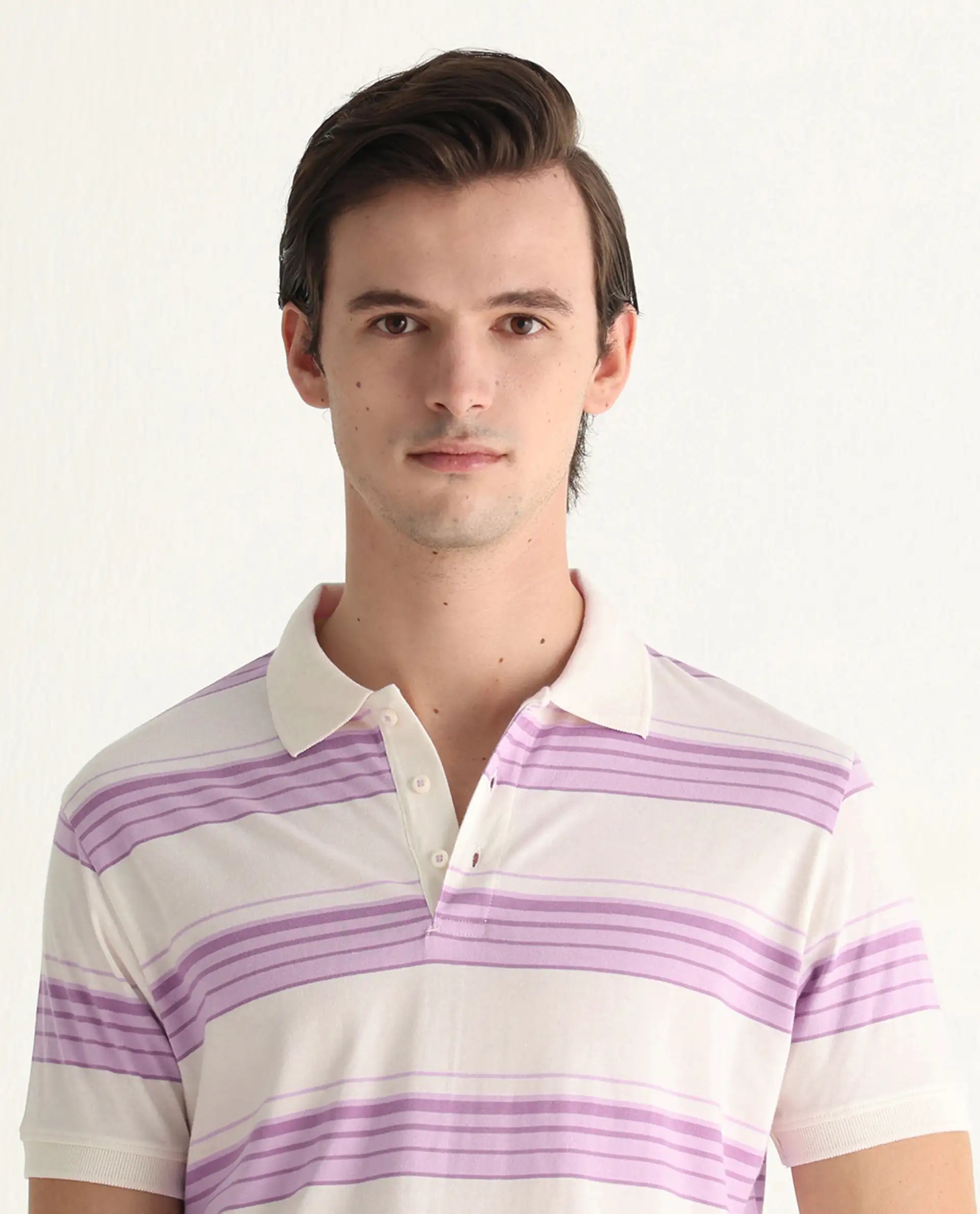 Rare Rabbit Men's Verdun Beige Cotton Striped Print Regular Fit Half Sleeve Polo