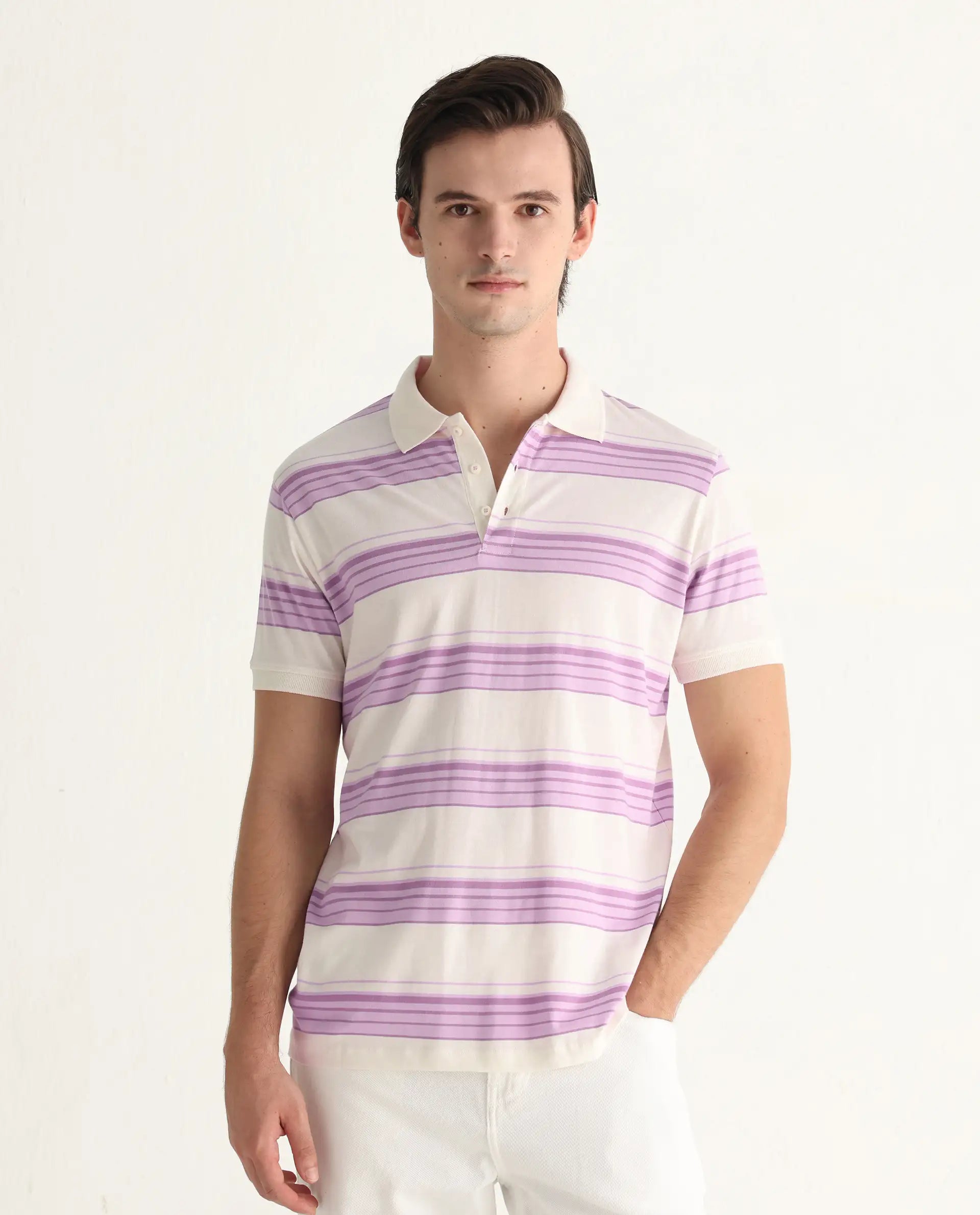 Rare Rabbit Men's Verdun Beige Cotton Striped Print Regular Fit Half Sleeve Polo