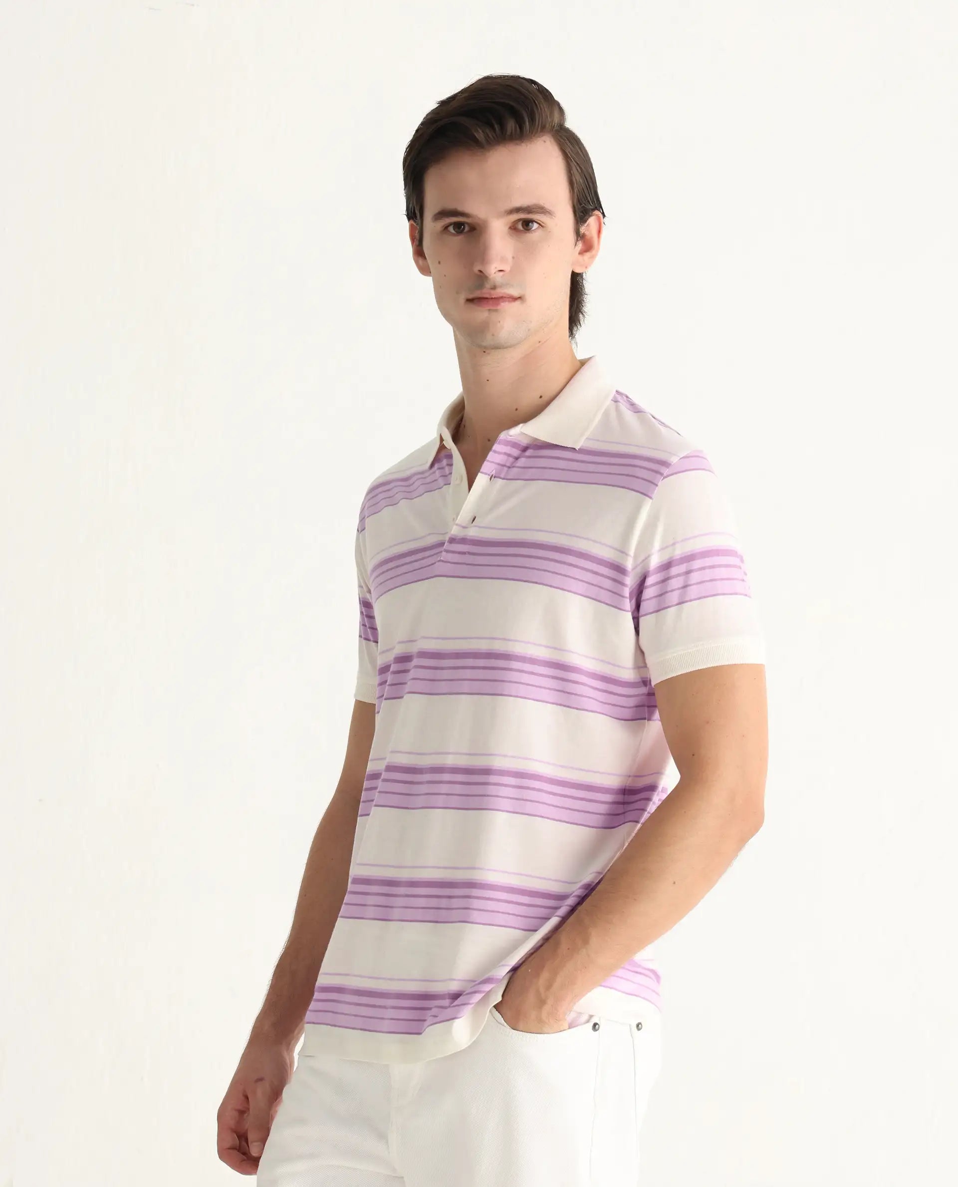 Rare Rabbit Men's Verdun Beige Cotton Striped Print Regular Fit Half Sleeve Polo
