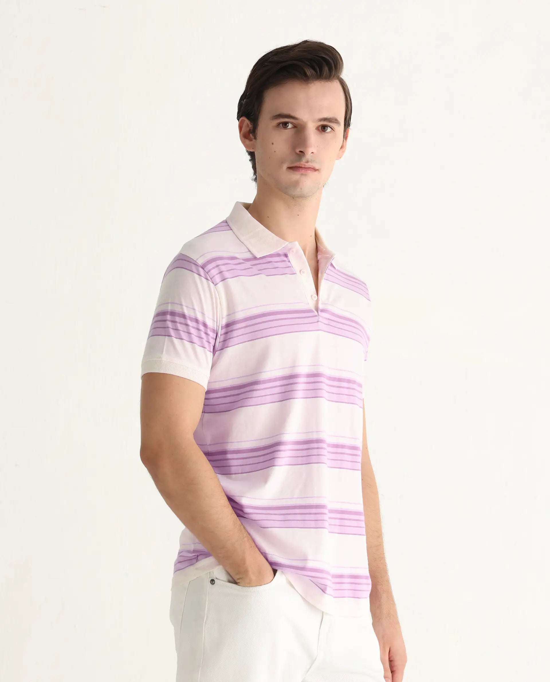Rare Rabbit Men's Verdun Beige Cotton Striped Print Regular Fit Half Sleeve Polo
