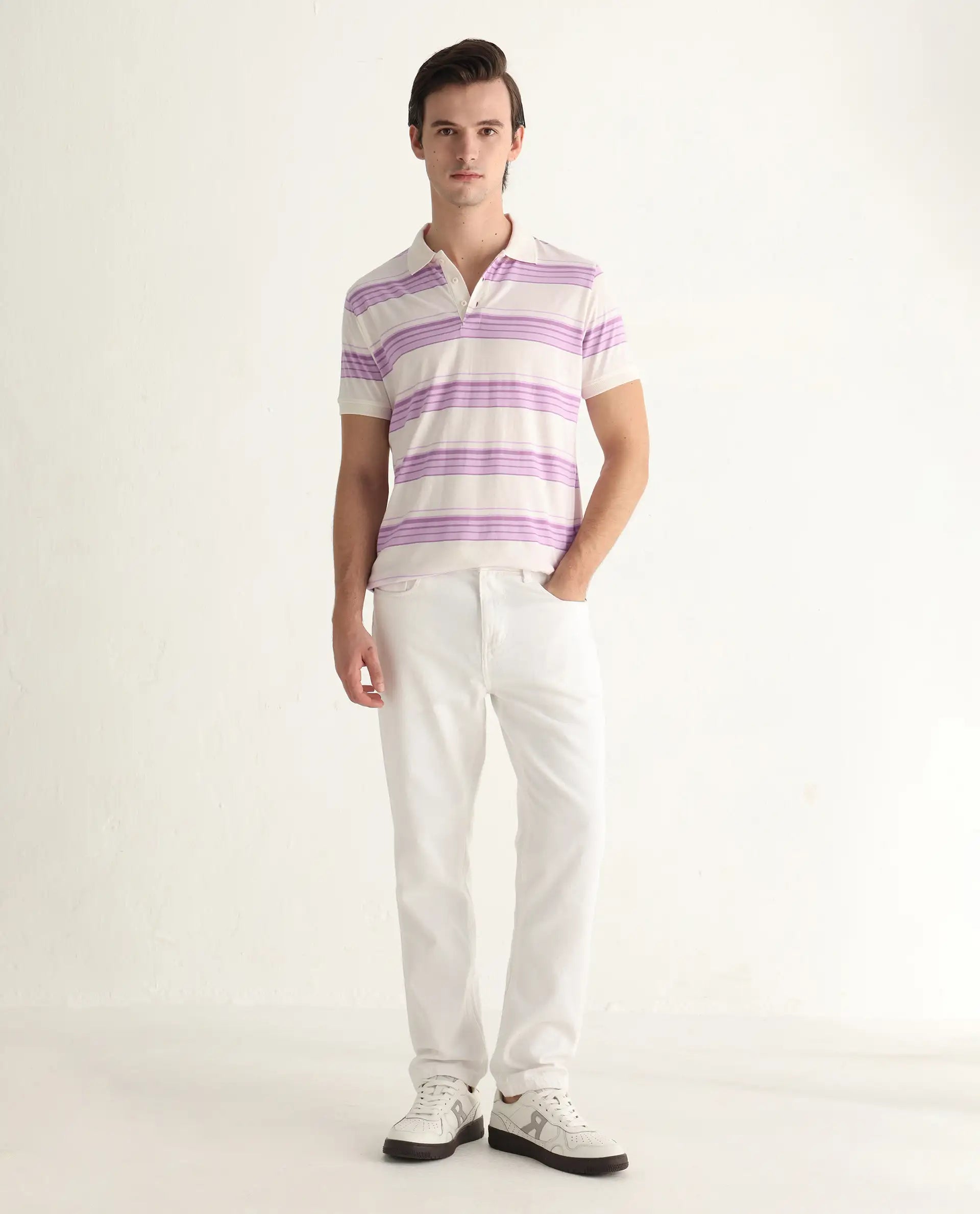 Rare Rabbit Men's Verdun Beige Cotton Striped Print Regular Fit Half Sleeve Polo