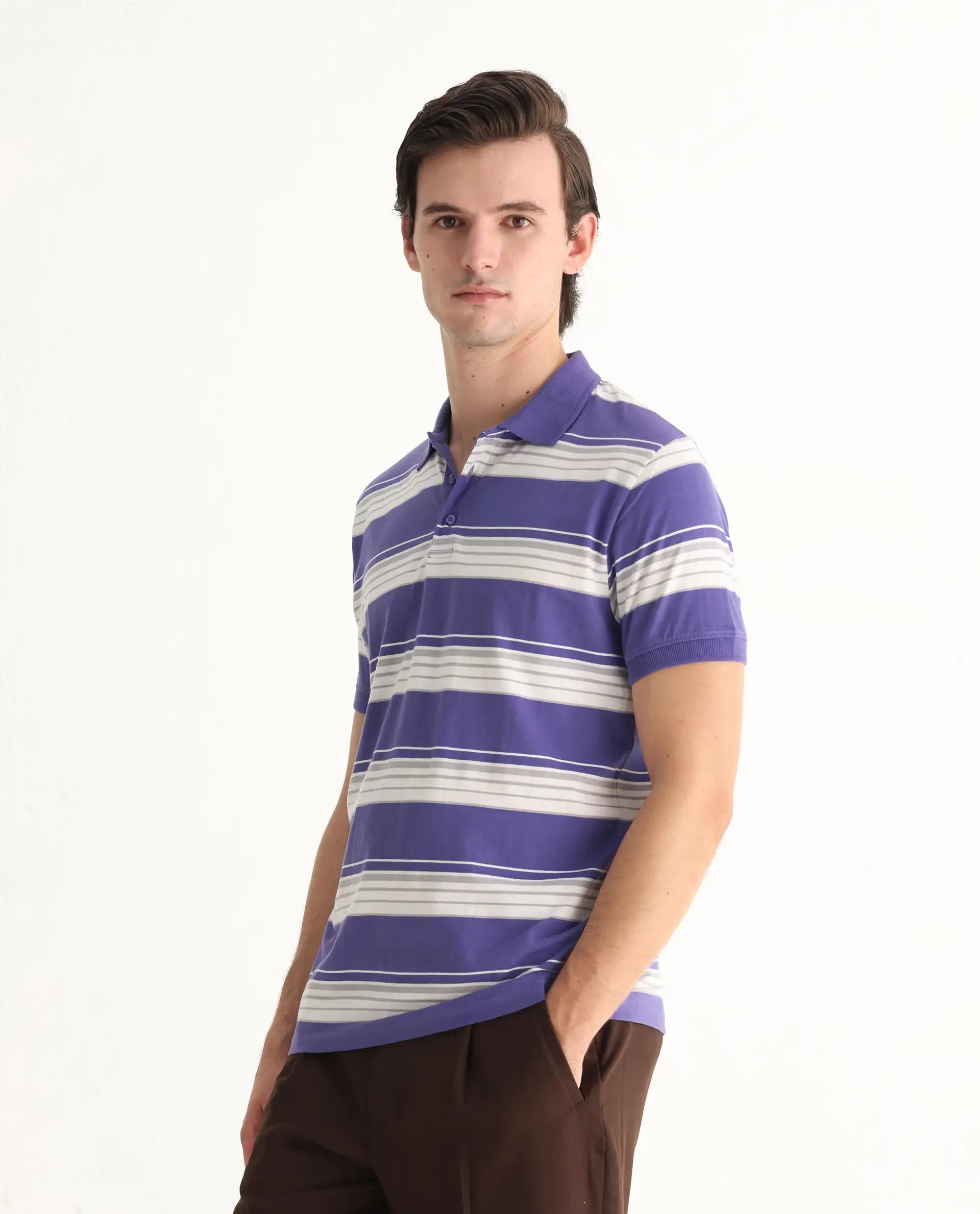 Rare Rabbit Men's Verdun Dark Purple Cotton Striped Print Regular Fit Half Sleeve Polo