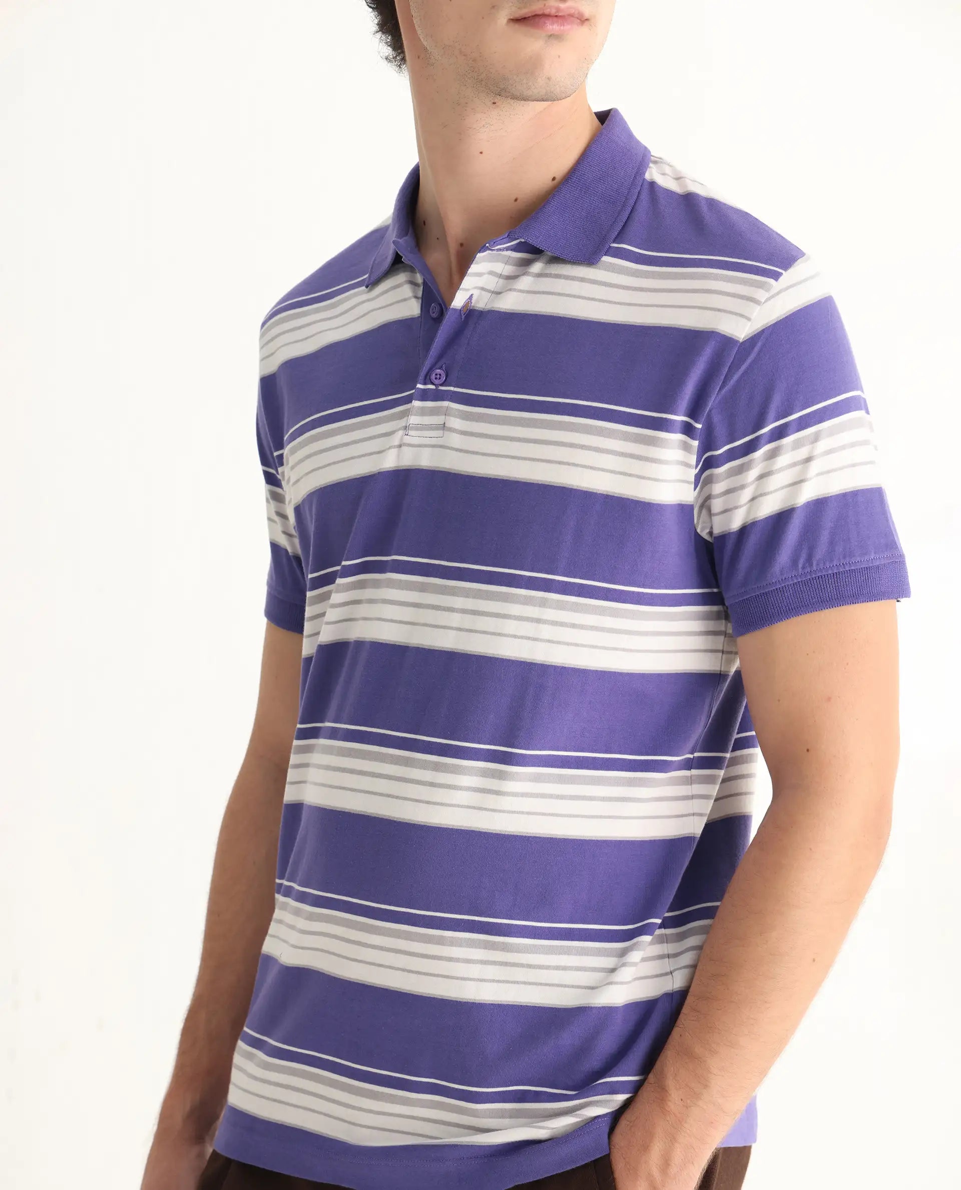 Rare Rabbit Men's Verdun Dark Purple Cotton Striped Print Regular Fit Half Sleeve Polo