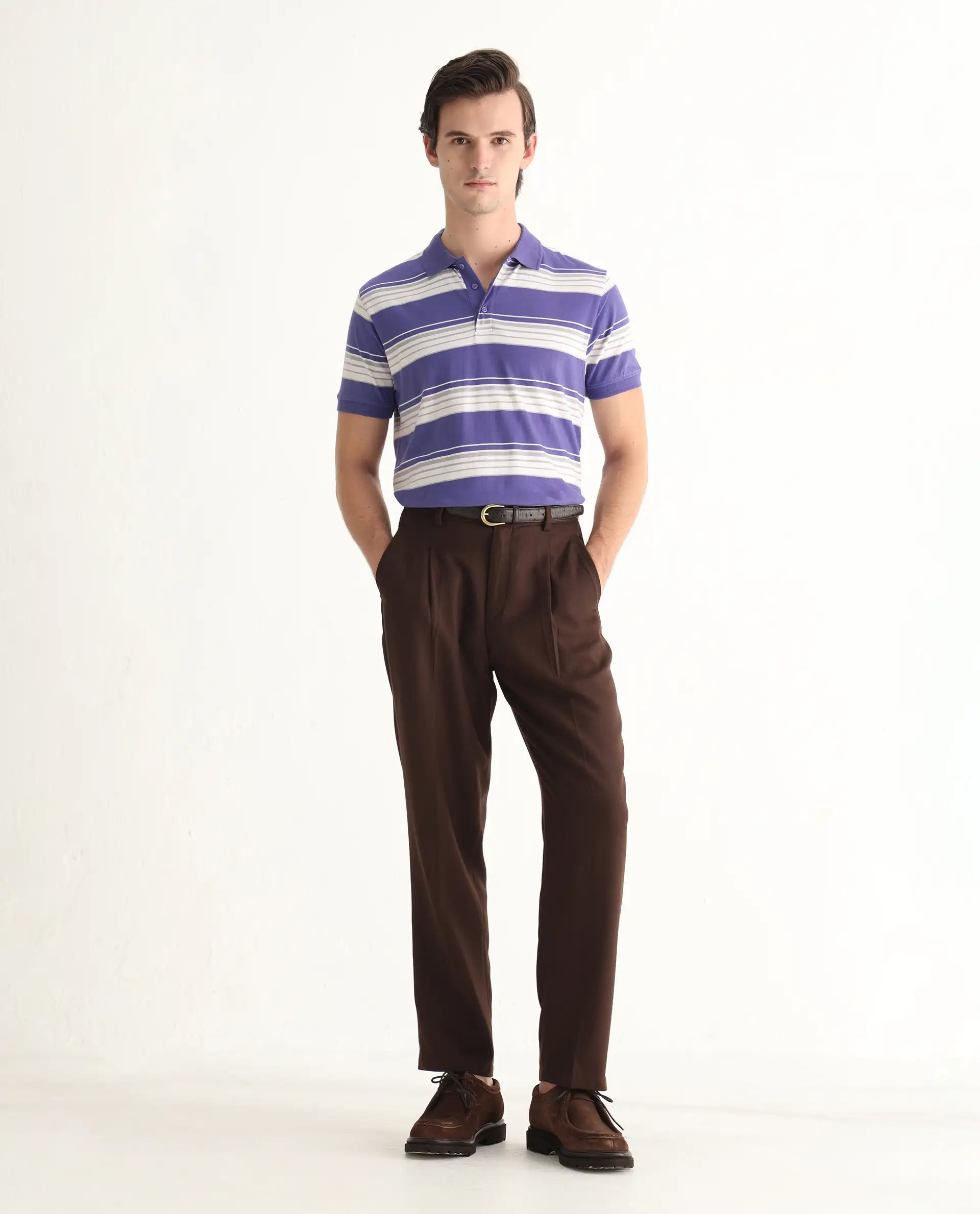 Rare Rabbit Men's Verdun Dark Purple Cotton Striped Print Regular Fit Half Sleeve Polo