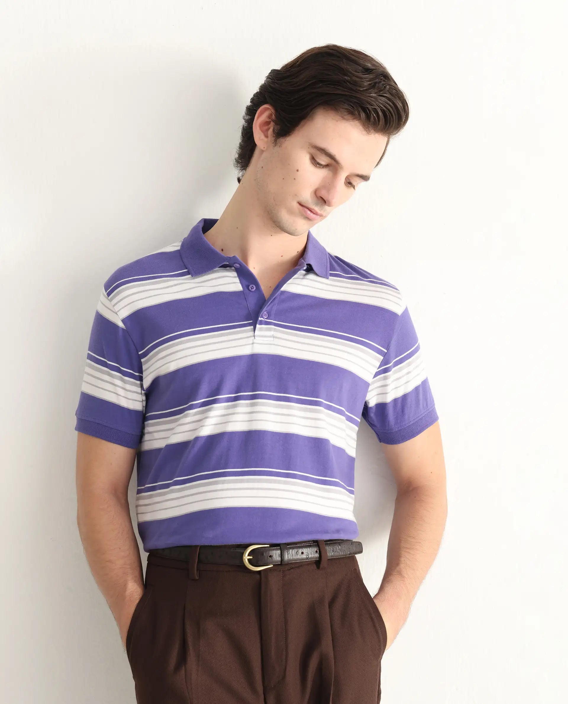 Rare Rabbit Men's Verdun Dark Purple Cotton Striped Print Regular Fit Half Sleeve Polo