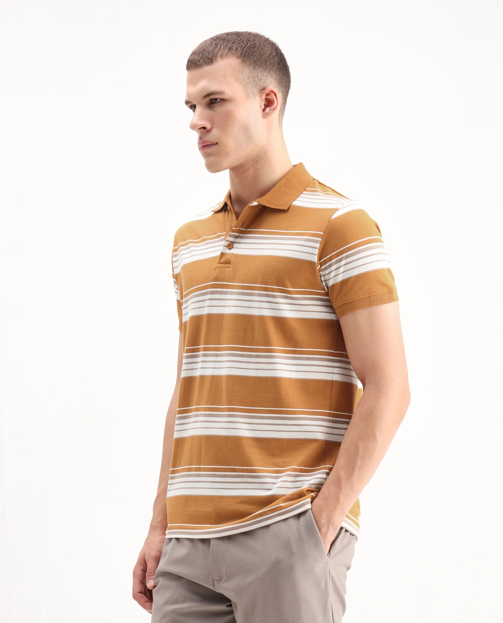 Rare Rabbit Men's Verdun Orange Cotton Striped Print Regular Fit Half Sleeve Polo