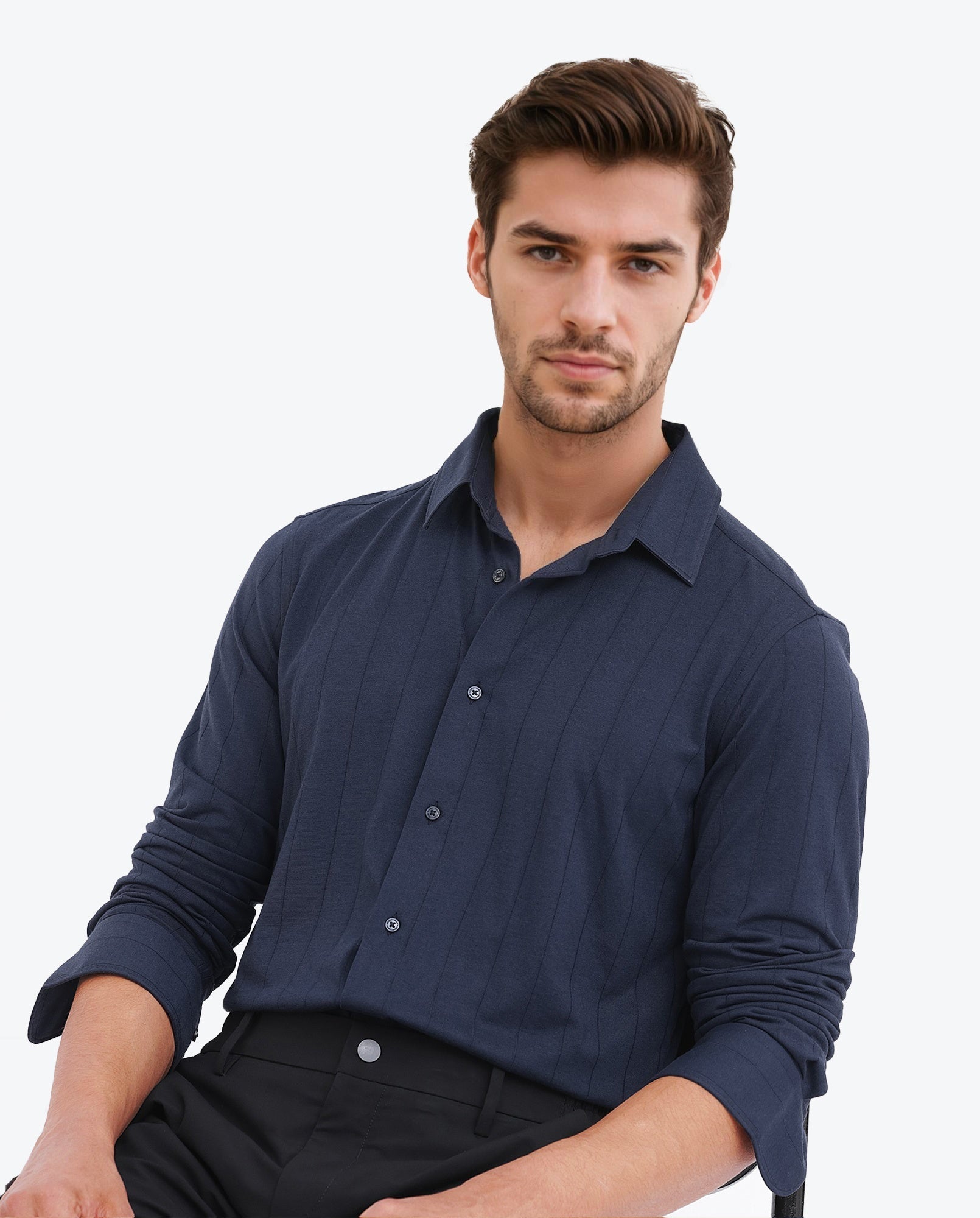 Rare Rabbit Mens Vert LS Navy Cotton Fabric Full Sleeves Solid Self Stripe Shirt