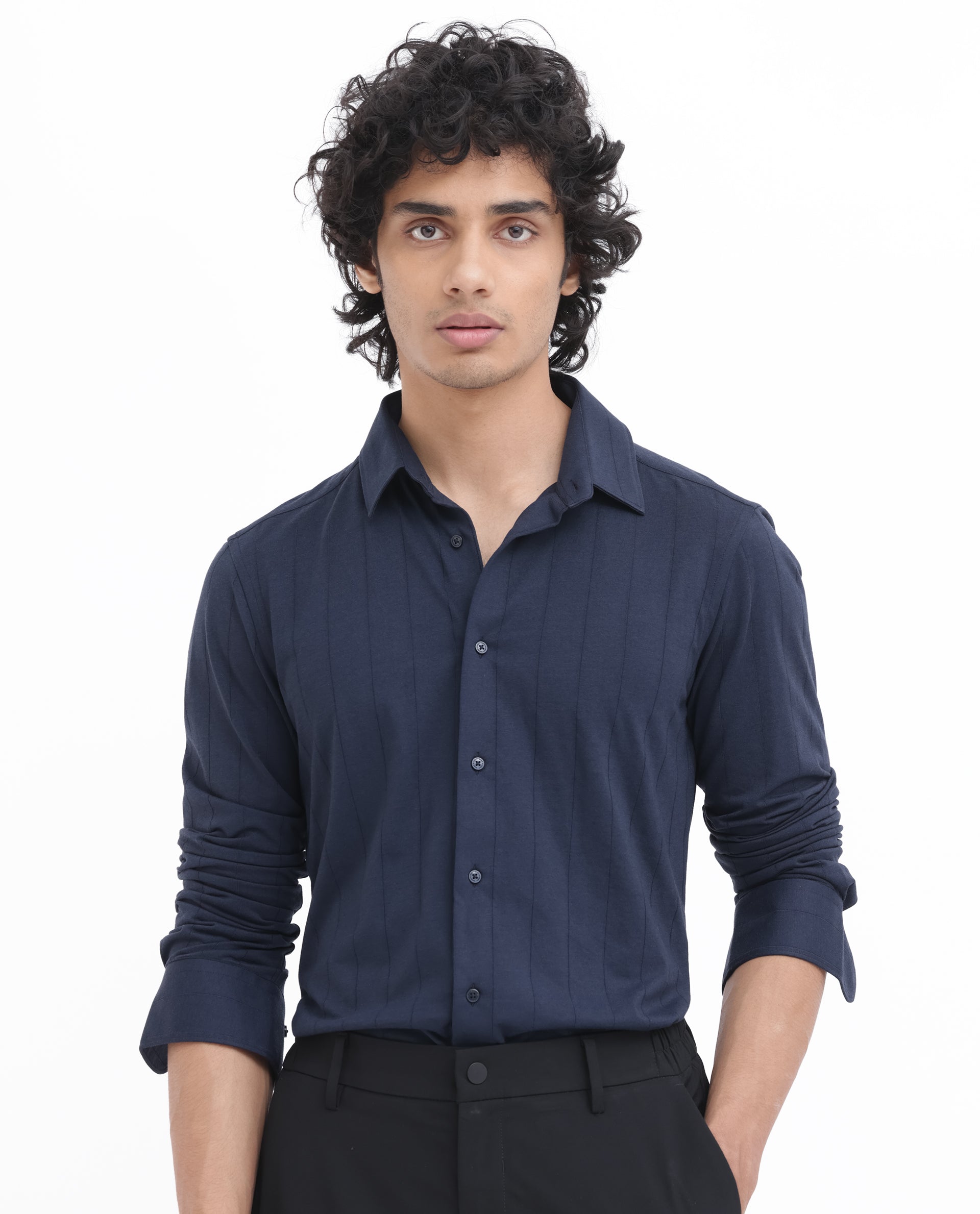 Rare Rabbit Mens Vert LS Navy Cotton Fabric Full Sleeves Solid Self Stripe Shirt