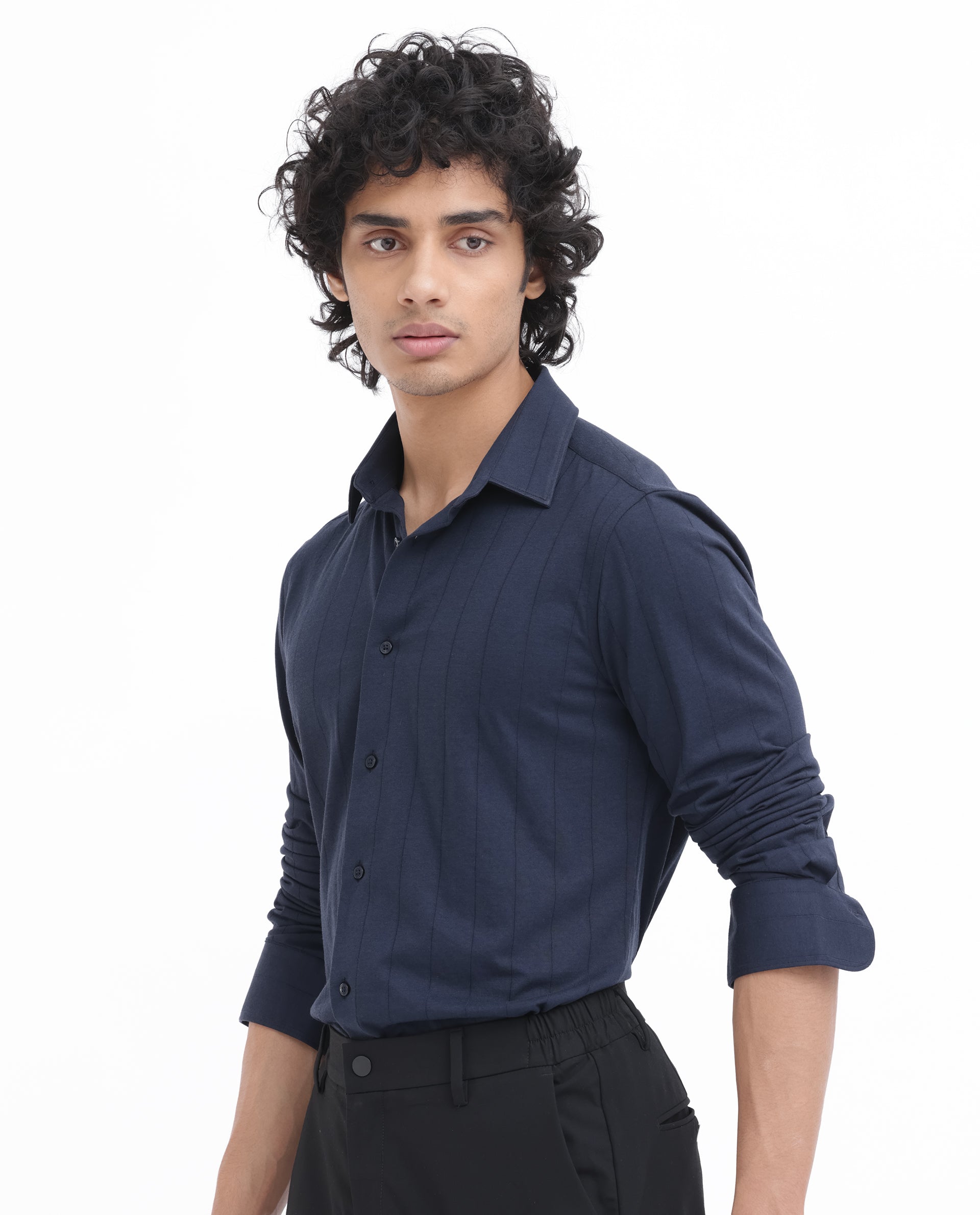 Rare Rabbit Mens Vert LS Navy Cotton Fabric Full Sleeves Solid Self Stripe Shirt