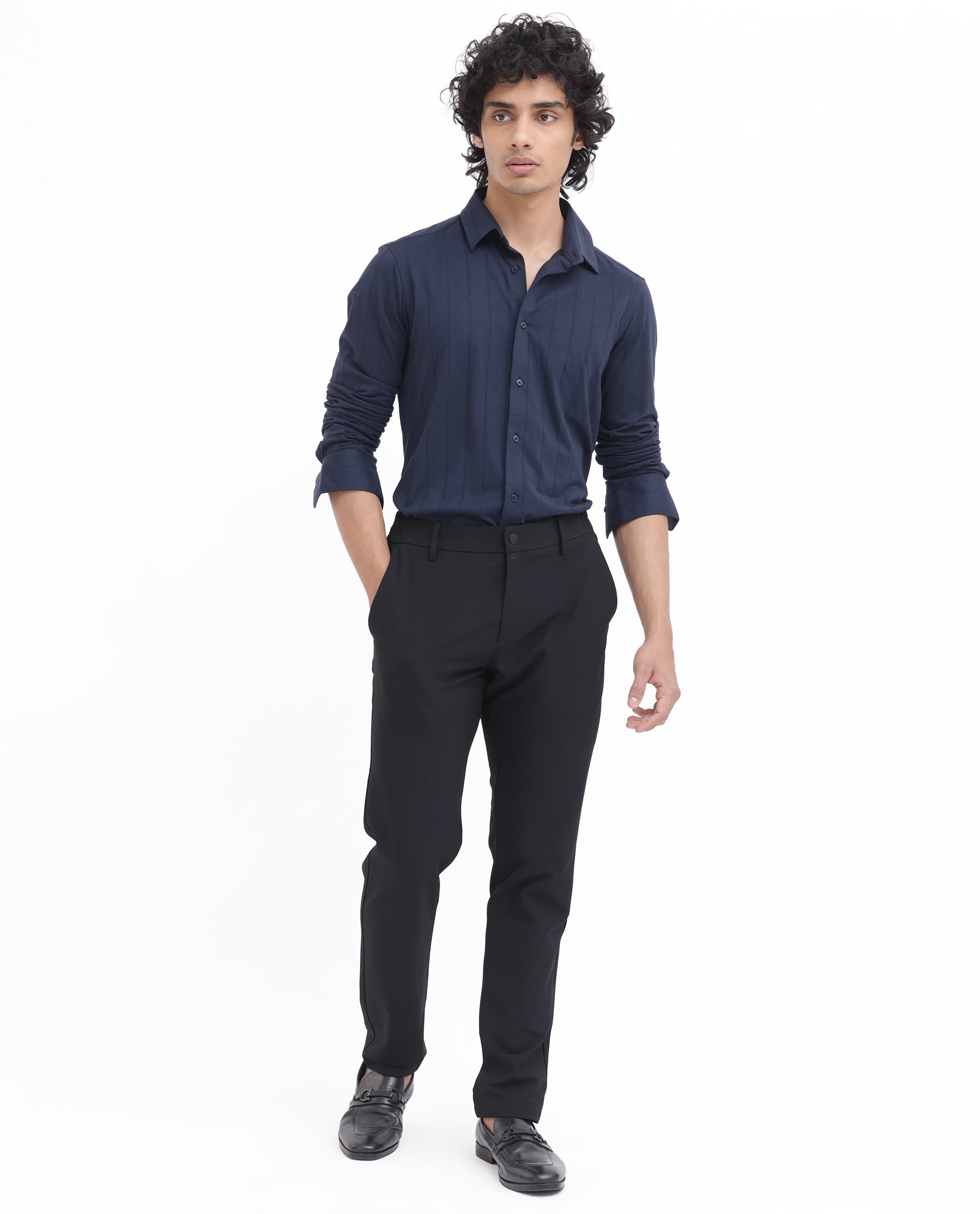 Rare Rabbit Mens Vert LS Navy Cotton Fabric Full Sleeves Solid Self Stripe Shirt