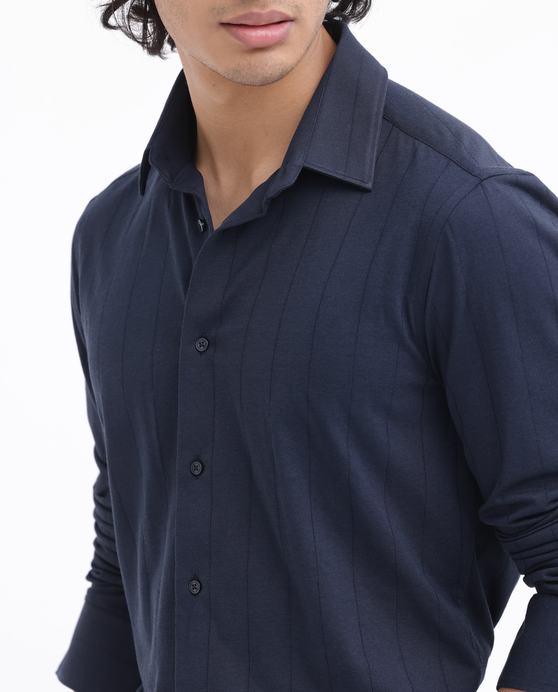 Rare Rabbit Mens Vert LS Navy Cotton Fabric Full Sleeves Solid Self Stripe Shirt