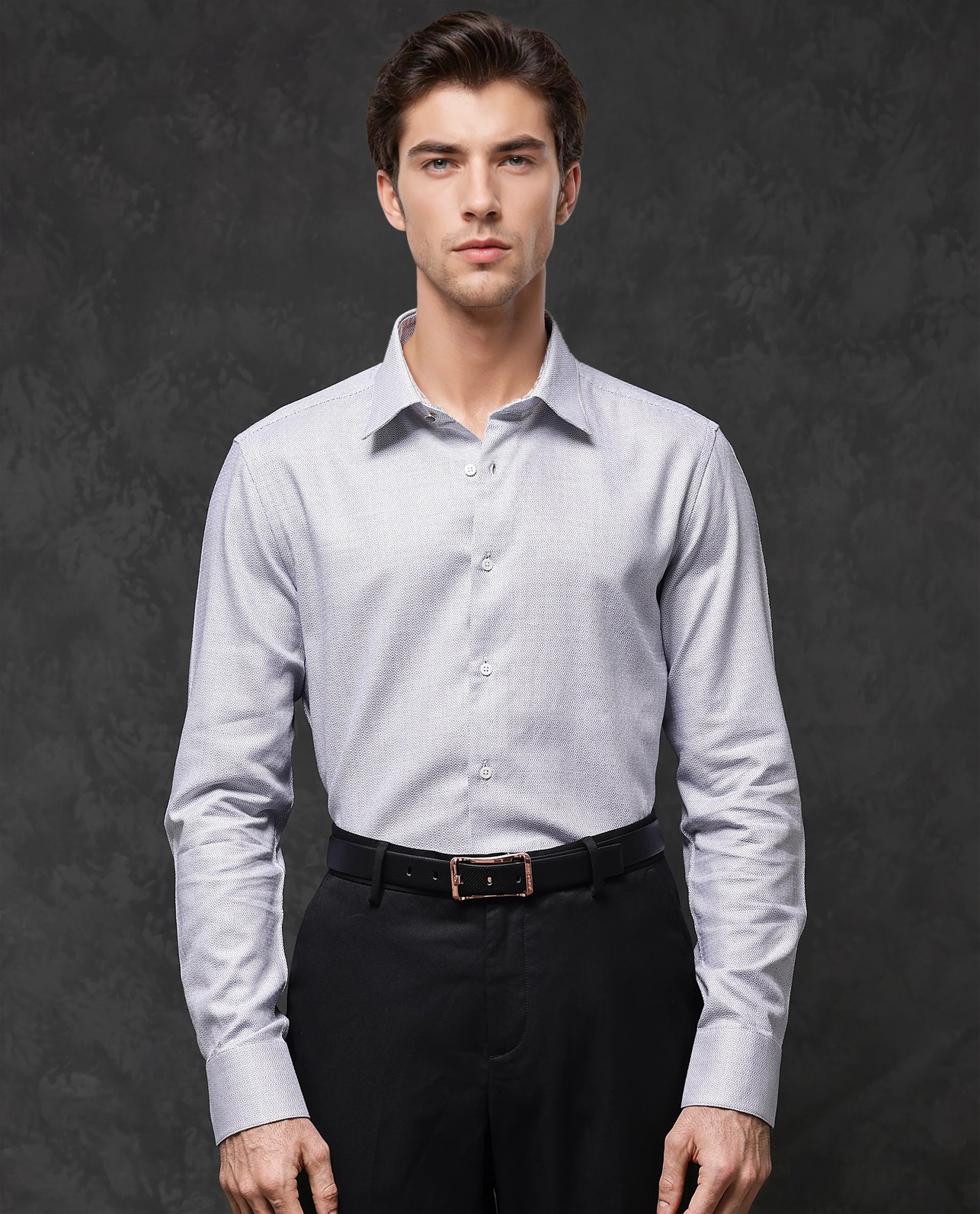 Rare Rabbit Mens Veslo Light Grey Cotton Fabric Full Sleeves Jacquard Textured Geometric Pattern Shirt