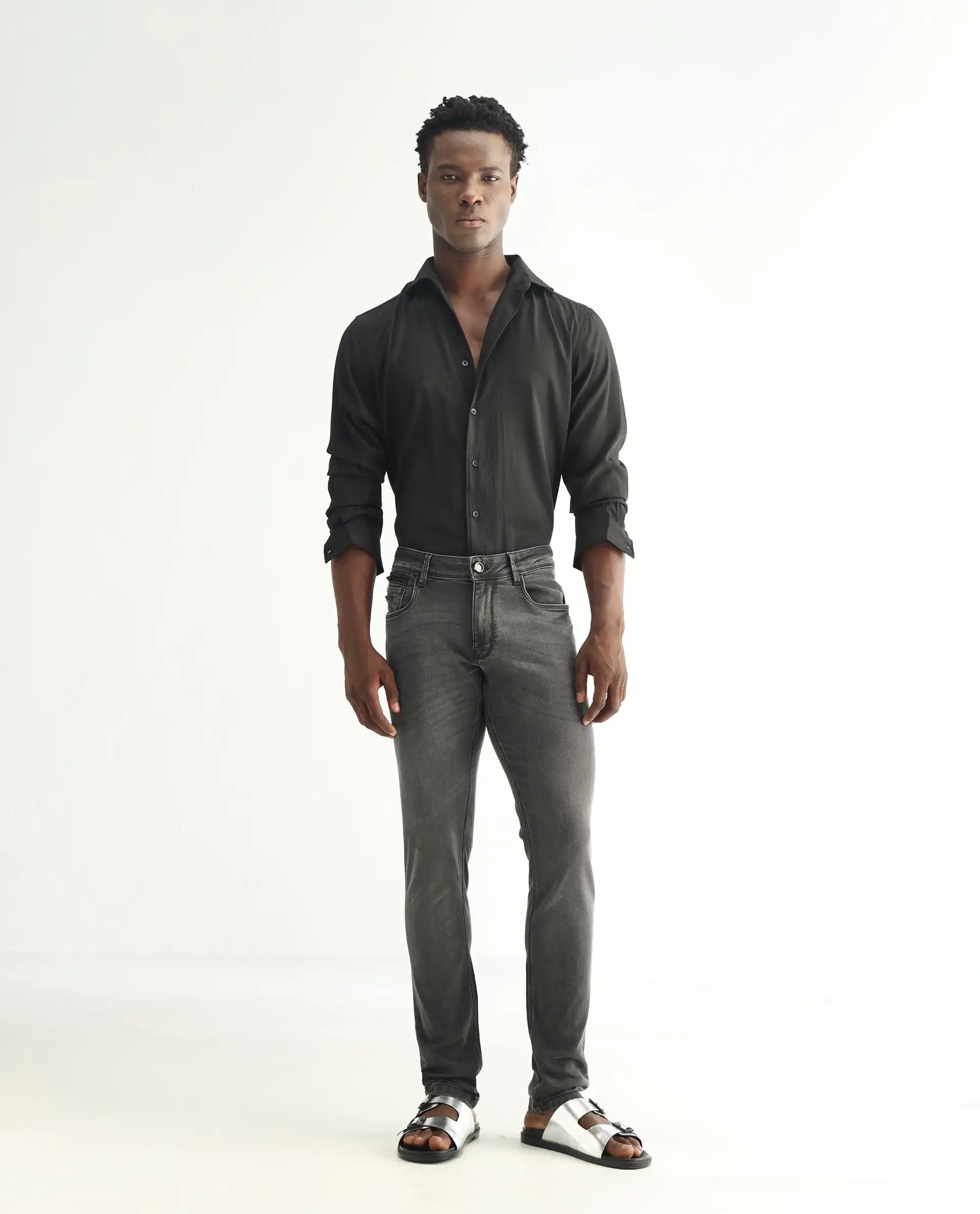 Rare Rabbit Men's Veu Grey Cotton Plain Hawk Slim Fit Jeans