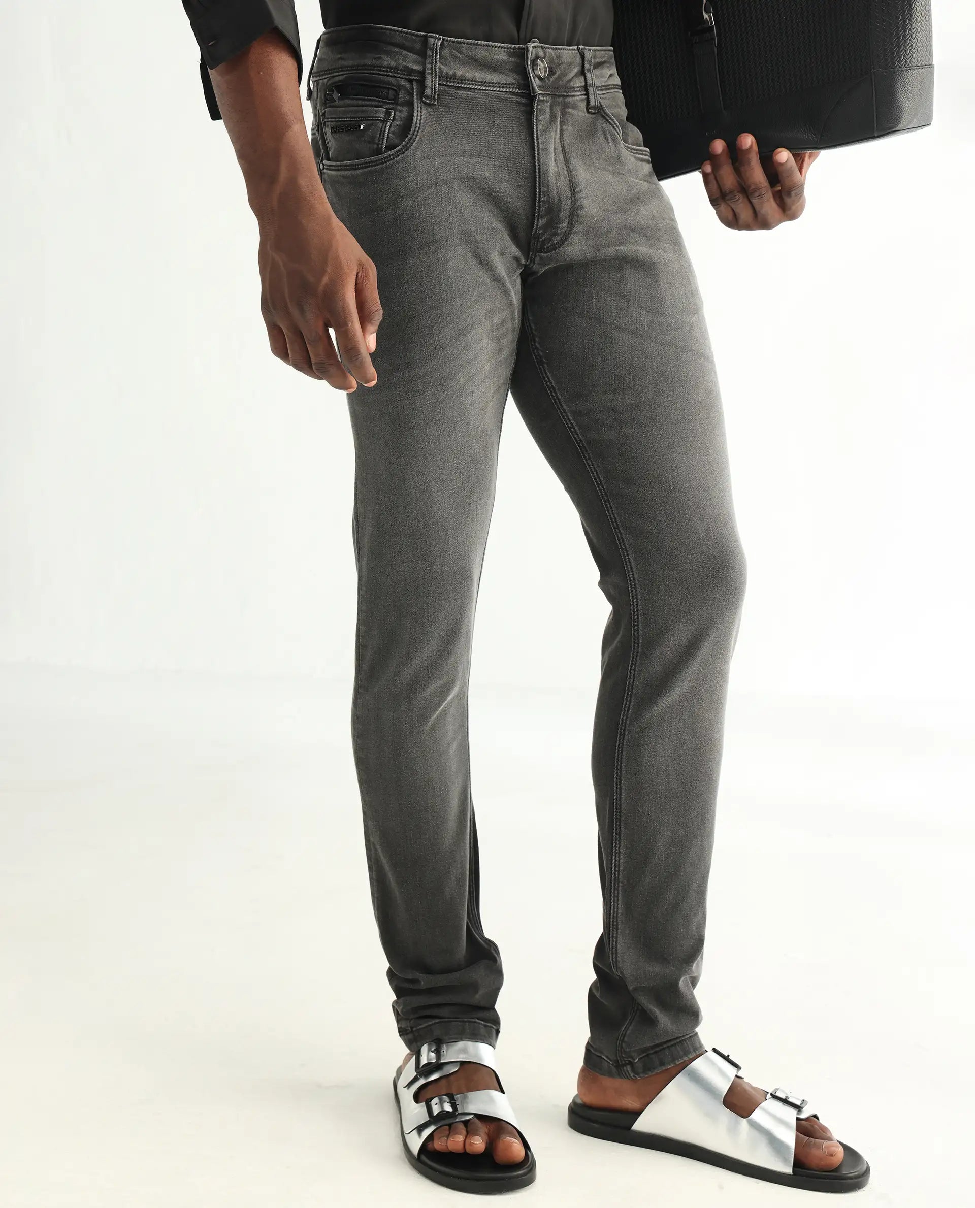 Rare Rabbit Men's Veu Grey Cotton Plain Hawk Slim Fit Jeans